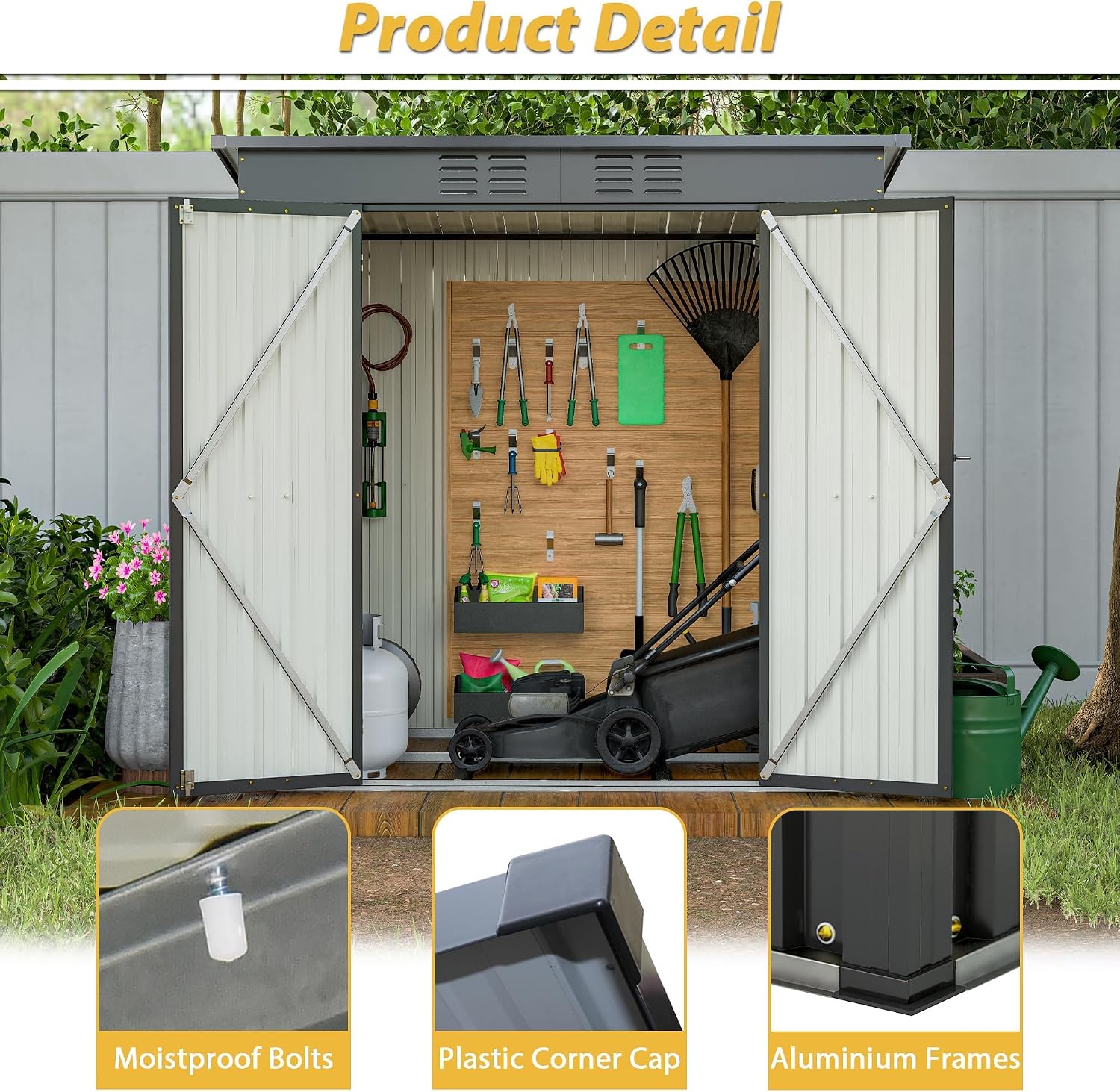 6x4 FT Outdoor Storage Shed, Metal Garden Shed with Frame Floor, Outside Tool Shed with Lockable Hinged Doors, Waterproof Storage Building with Sloped Roof for Backyard, Patio, Lawn, Black
