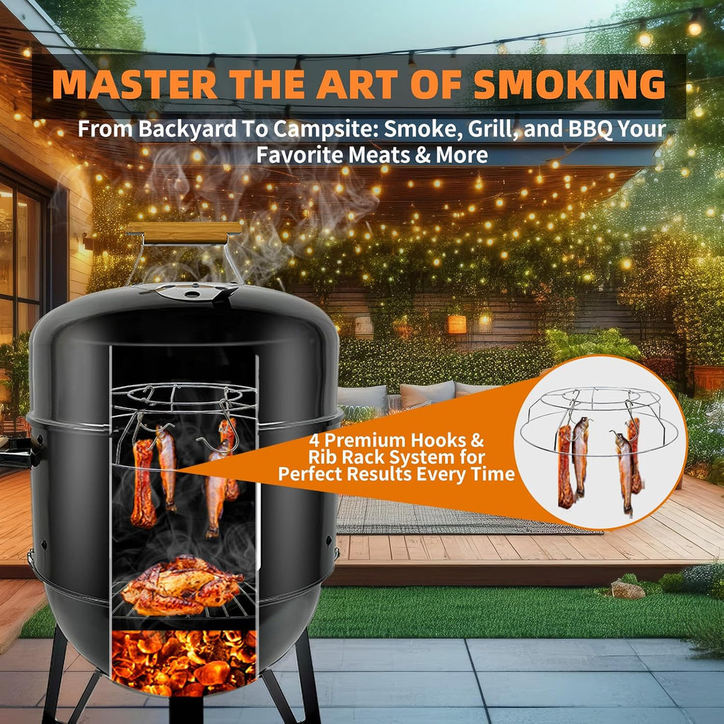 Realcook BBQ Charcoal Smoker Grill: Heavy Duty 17 Inch Vertical Meat Smokers - Porcelain-Enameled Charcoal Grill Smoker Combo for Outdoor Cooking Backyard Picnic Party Grilling