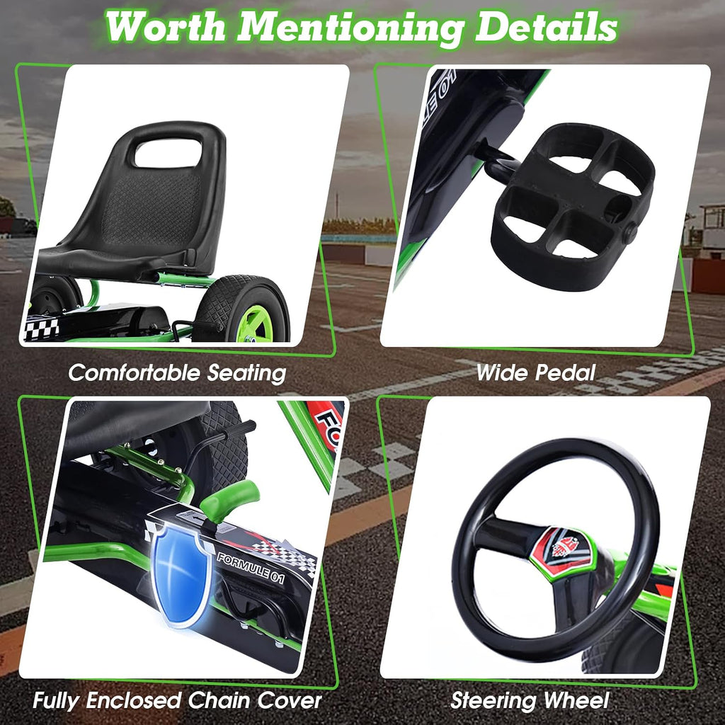 HONEY JOY Go Kart for Kids, 4 Wheel Quad Off-Road Pedal On Foot Go Cart w/Steering Wheels & Adjustable Seat, 2 Safety Brakes, EVA Tires, Clutch, Outdoor Racer Ride On Pedal Car (Green)