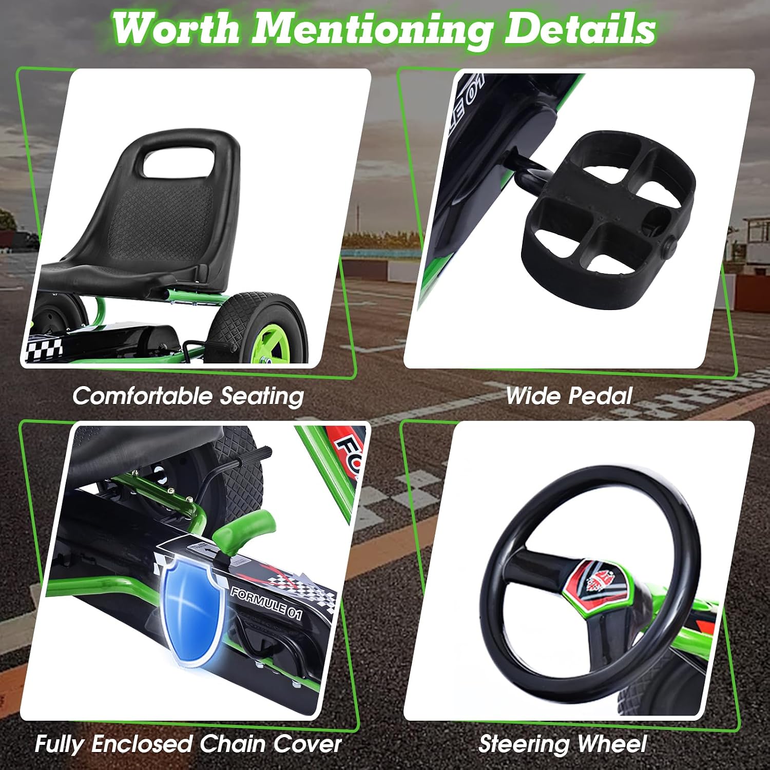 HONEY JOY Go Kart for Kids, 4 Wheel Quad Off-Road Pedal On Foot Go Cart w/Steering Wheels & Adjustable Seat, 2 Safety Brakes, EVA Tires, Clutch, Outdoor Racer Ride On Pedal Car (Green)