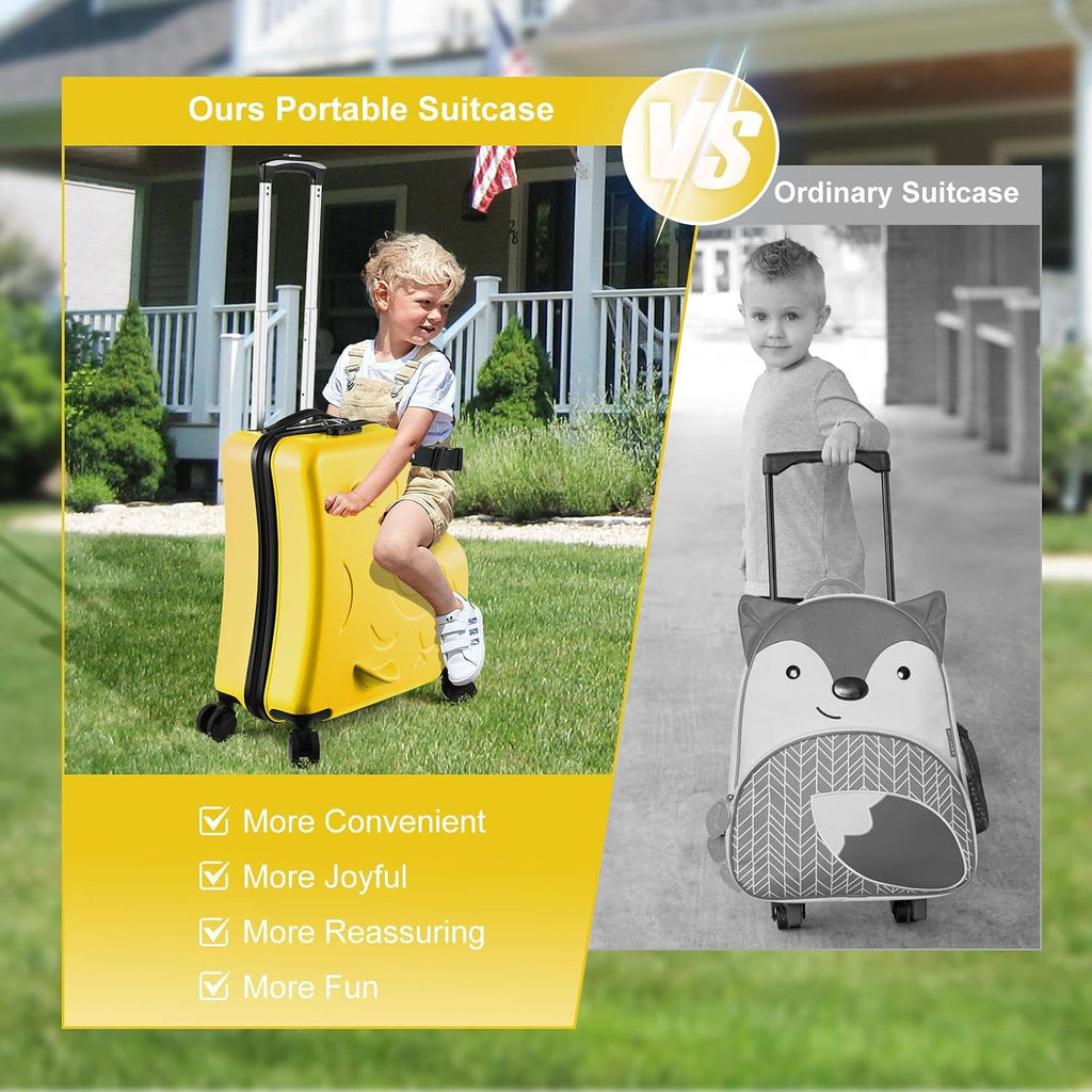 22 Inch Kid Ride Suitcase, Kid Travel Trolley With Safety Belt, Kids Luggage Seat Ride With Lock, Luggage For Kids Airplane Travel,Suitcase To Aged 1-6 Years Old, ABS+PC (Yellow)