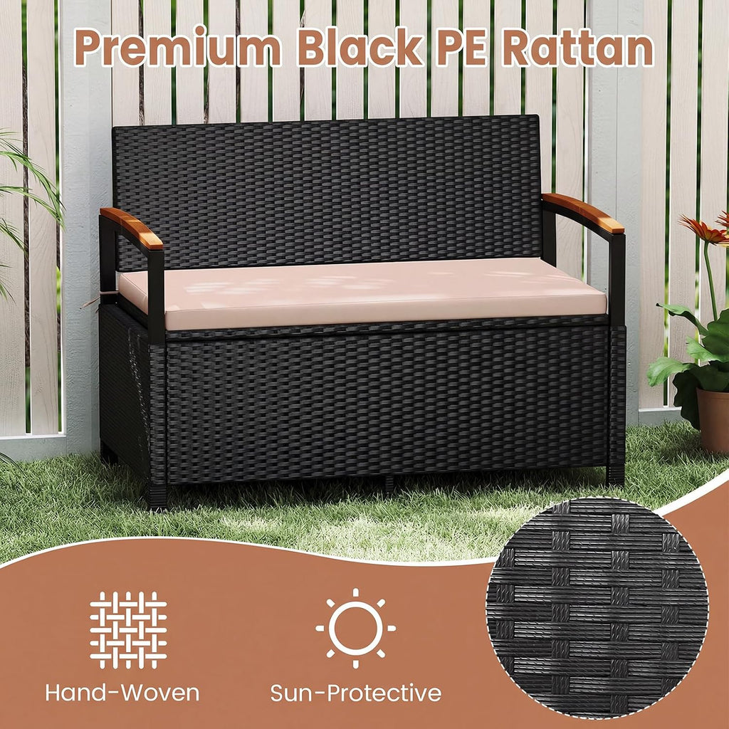 Tangkula 46 Gallon Outdoor Bench with Storage, Outdoor PE Rattan Storage Bench with Cushion, Backrest & Acacia Wood Armrests, Metal Frame, Waterproof Deck Box Seat for Porch Backyard Poolside