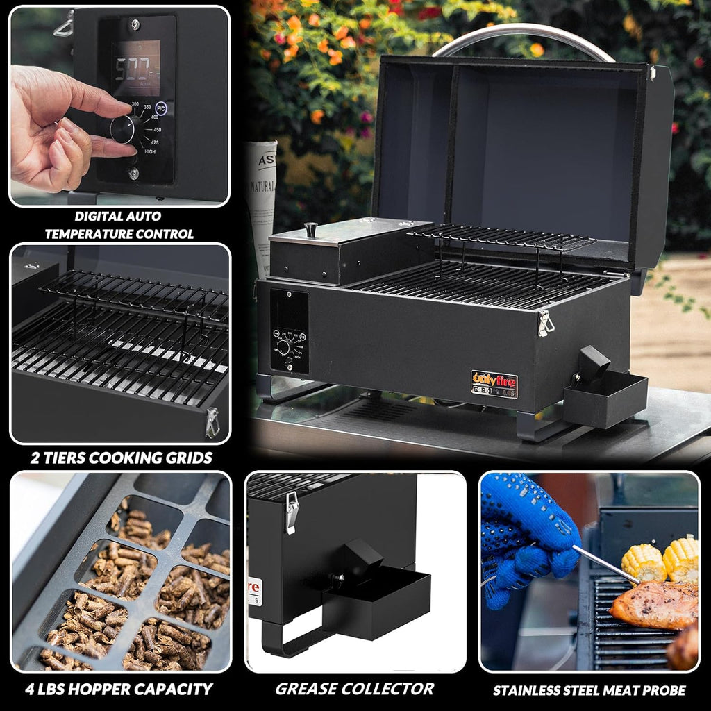 ONLYFIRE GRILLS BBQ Wood Pellet Grill Smoker with Meat Probe, 2 Tiers Cooking Area, Portable Tabletop Grilling Stove for Outdoor Kitchen Cooking Smoke and Roast, RV Camping, Black GS314