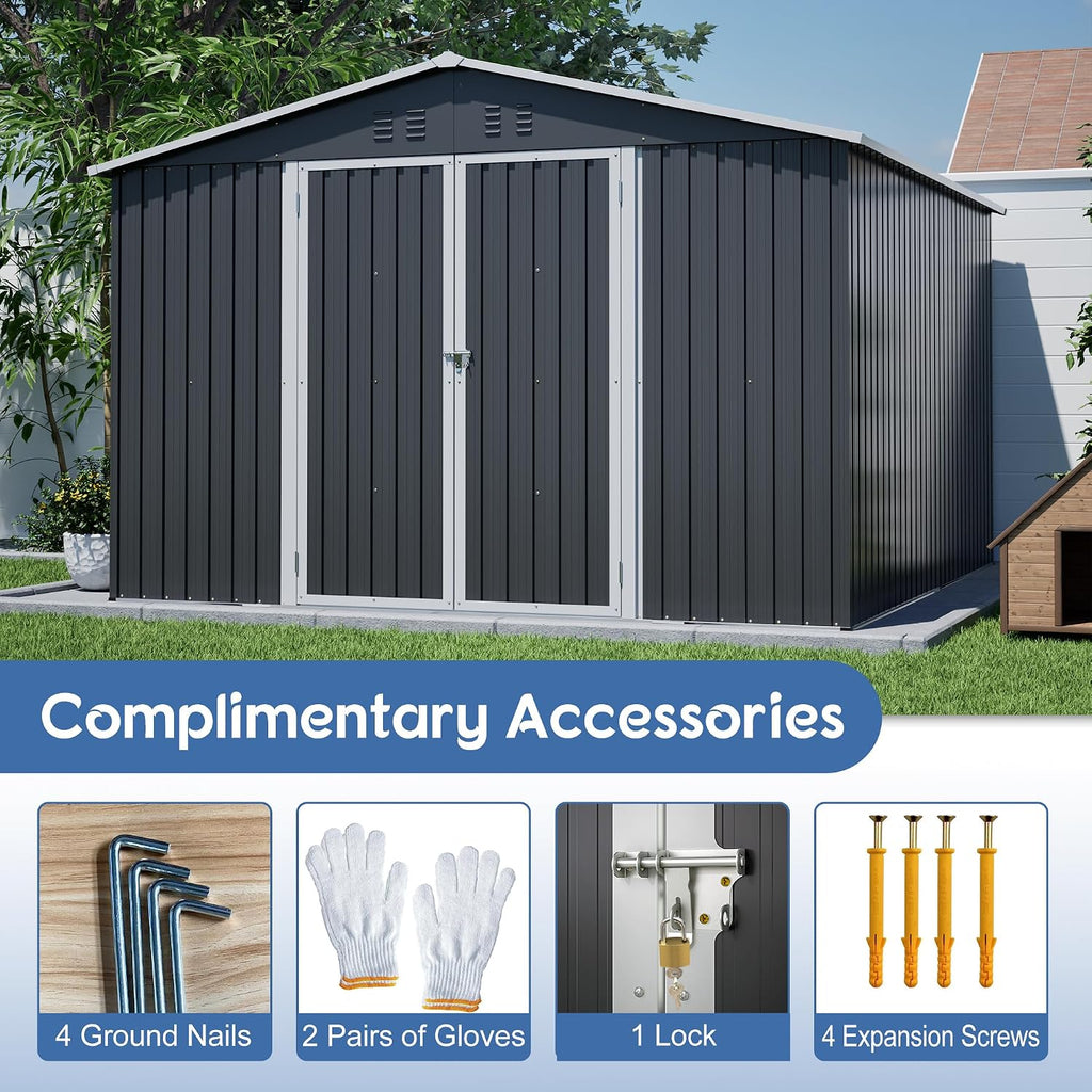 YOPTO 10x10 FT Outdoor Storage Shed,Large Metal Tool Sheds with Updated Frame Structure and Lockable Doors, Garden Shed for Backyard Patio Lawn, Black