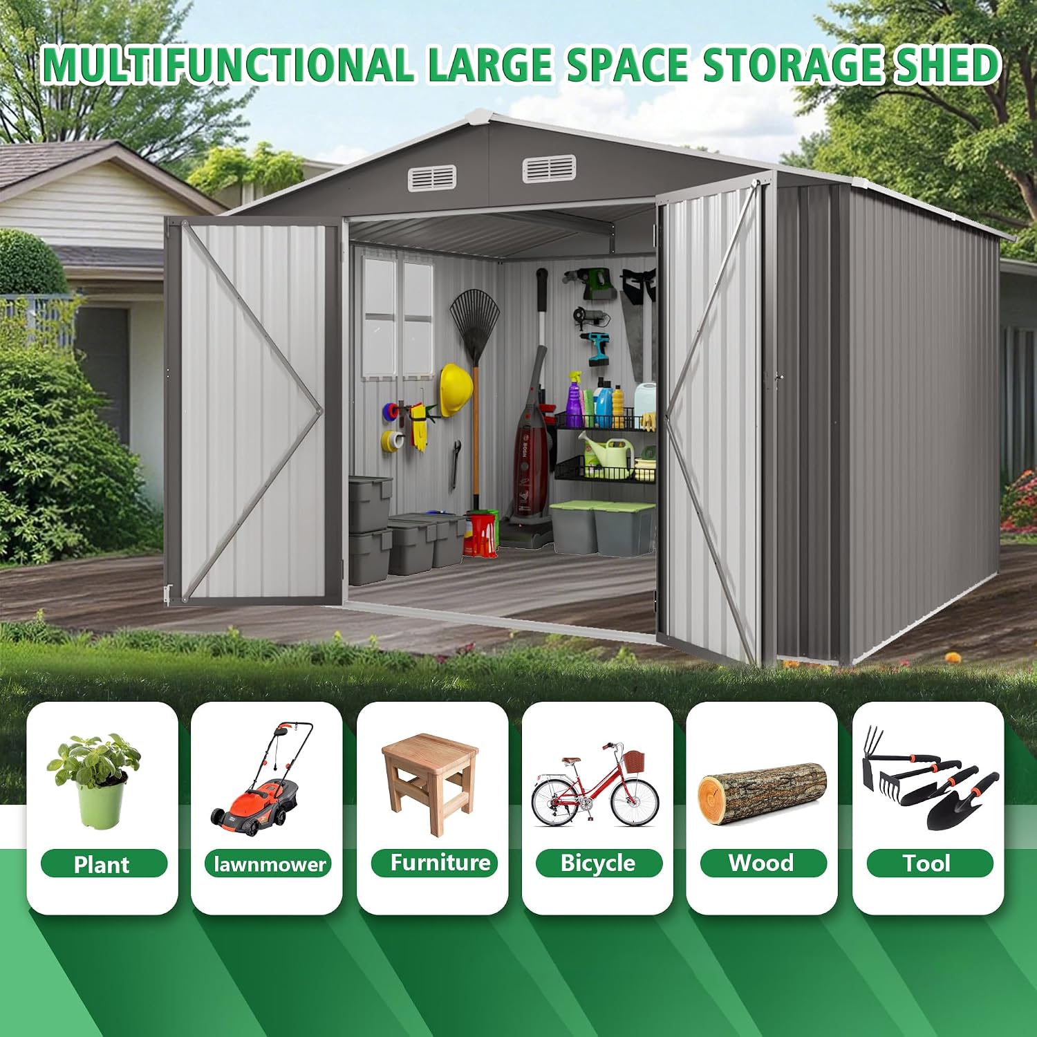 10x12 FT Outdoor Storage Shed, Large Metal Garden Shed with 2 Windows, Outside Tool Sheds with Lockable Hinged Doors, Waterproof Storage Building with 4 Air Vents for Backyard, Patio, Lawn, Gray