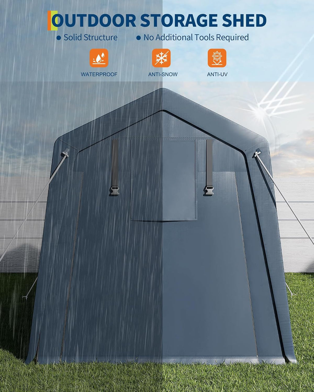 GarveeHome 6x6 FT Portable Outdoor Storage Shed with Roll-Up Zipper Door & Vent, 240G Heavy-Duty Shelter Waterproof PE Tarp, UV-Resistant Carport for Motorcycle, Firewood, Tools -Gray (Gray, 7x10)