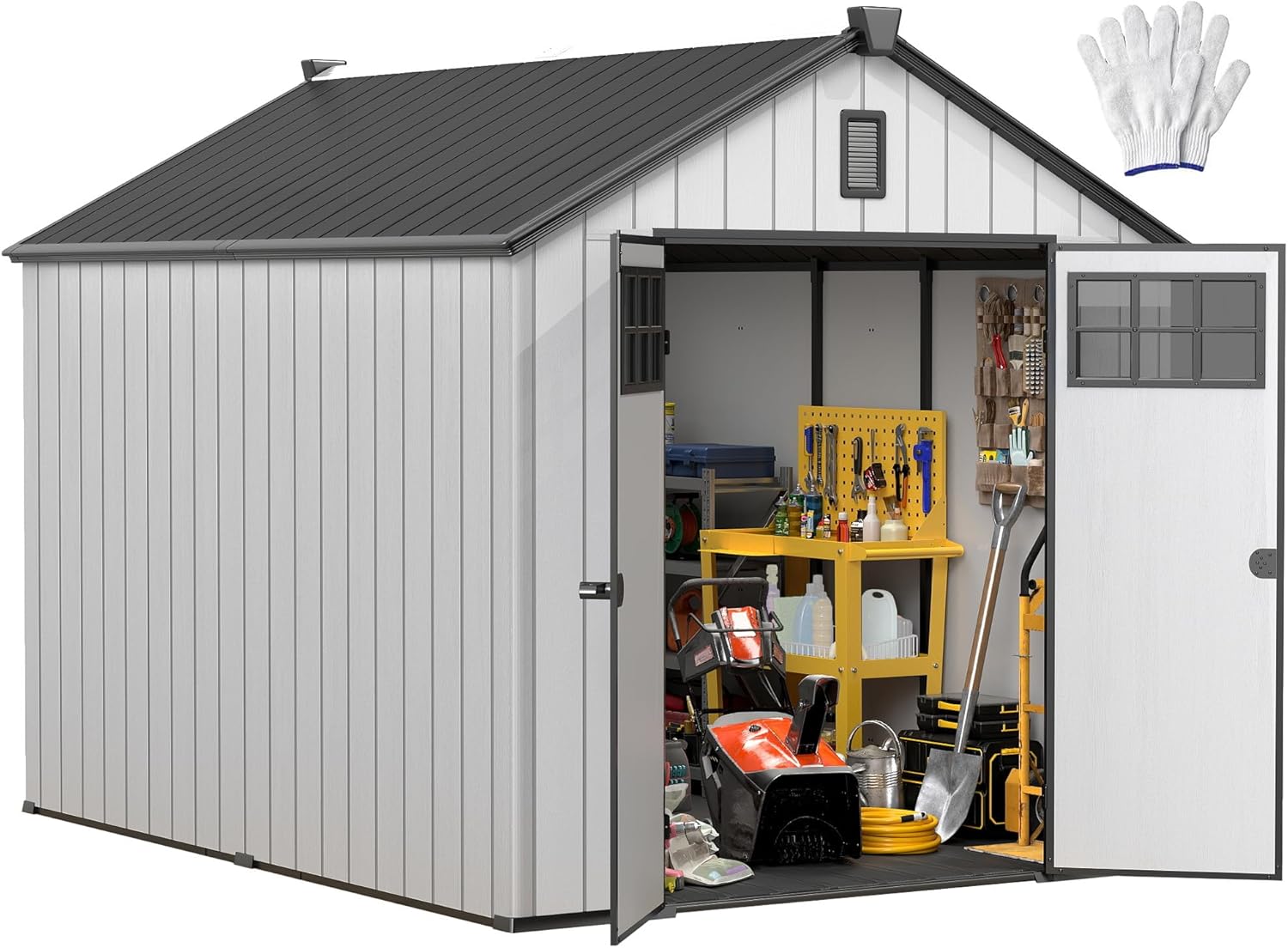 YITAHOME 8x10ft Outdoor Plastic Storage Shed with Floor, Extra Thick Waterproof Garden Shed with Lockable Door, Oval Vision Windows &Vents, 16mm Heavy Duty Tool Storage for Patio, Lawn, Gray
