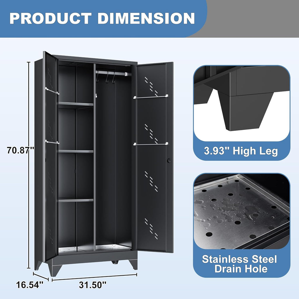 VASAAOSD Metal Garage Storage Cabinet with Locking Doors, 71' Tall Broom Closet Storage Cabinet, Heavy Duty Garage Organization Cabinets, Steel Cabinet with Hanging Rod, Assembly Required