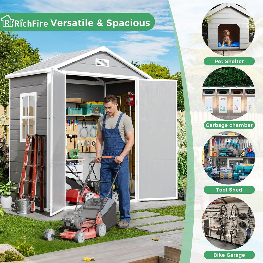 6x3 FT Plastic Outdoor Storage Shed with Floor and Lockable Door, All-Weather Resin Storage Shed Easy to Install, Garden Shed/Tool Shed for Backyard, Patio, Grey