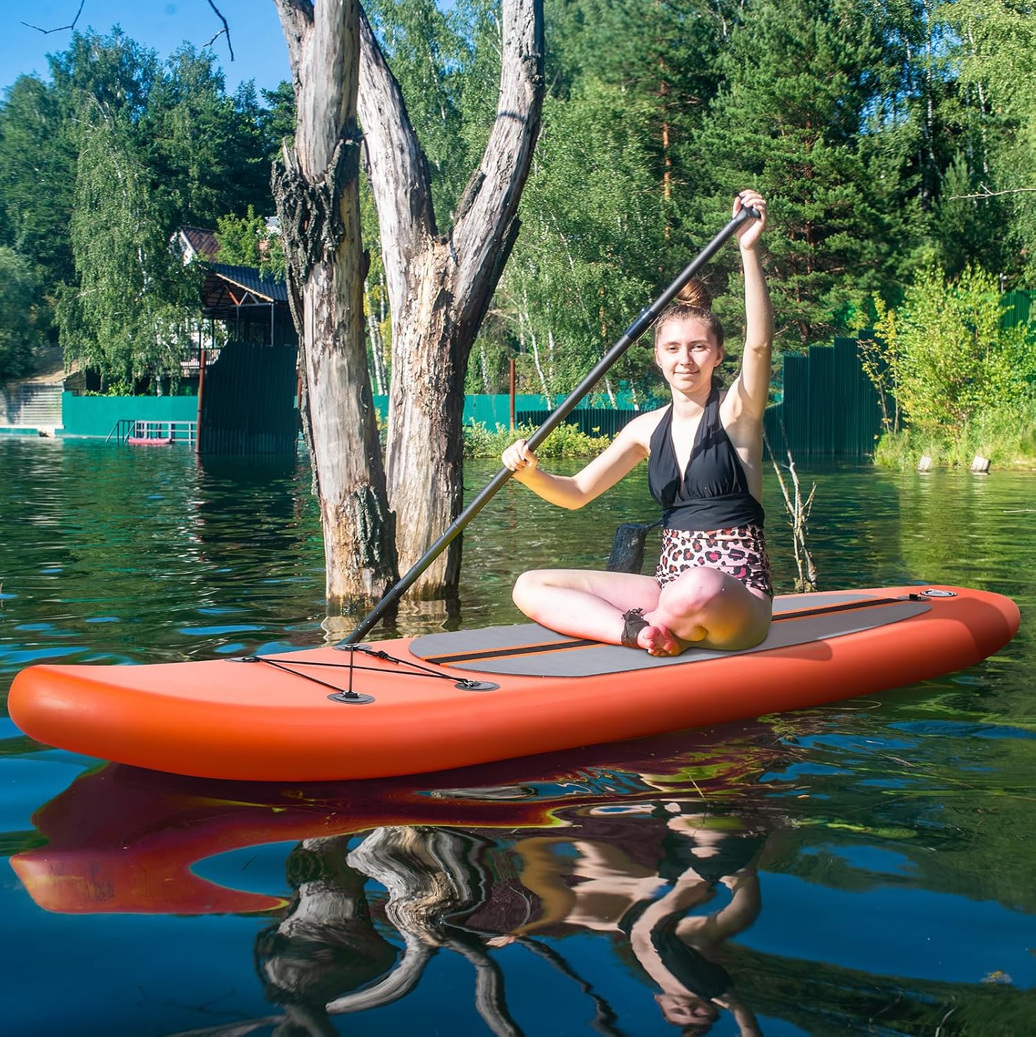 TLSUNNY 12FT Inflatable Stand Up Paddle Board, 3 Fins Paddleboard with Full SUP Accessories for All Skill Levels, Portable Two-Way Hand Pump and Carry Bag, 400LBS
