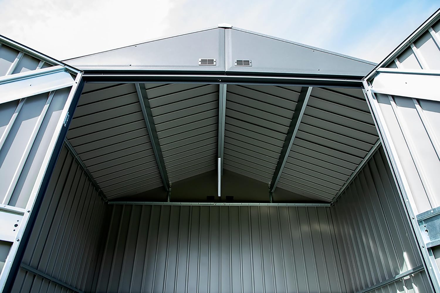 Arrow Shed Elite 14' x 16' Tall Outdoor Steel Storage Shed with High Gable and Lockable Doors Storage Building, Anthracite
