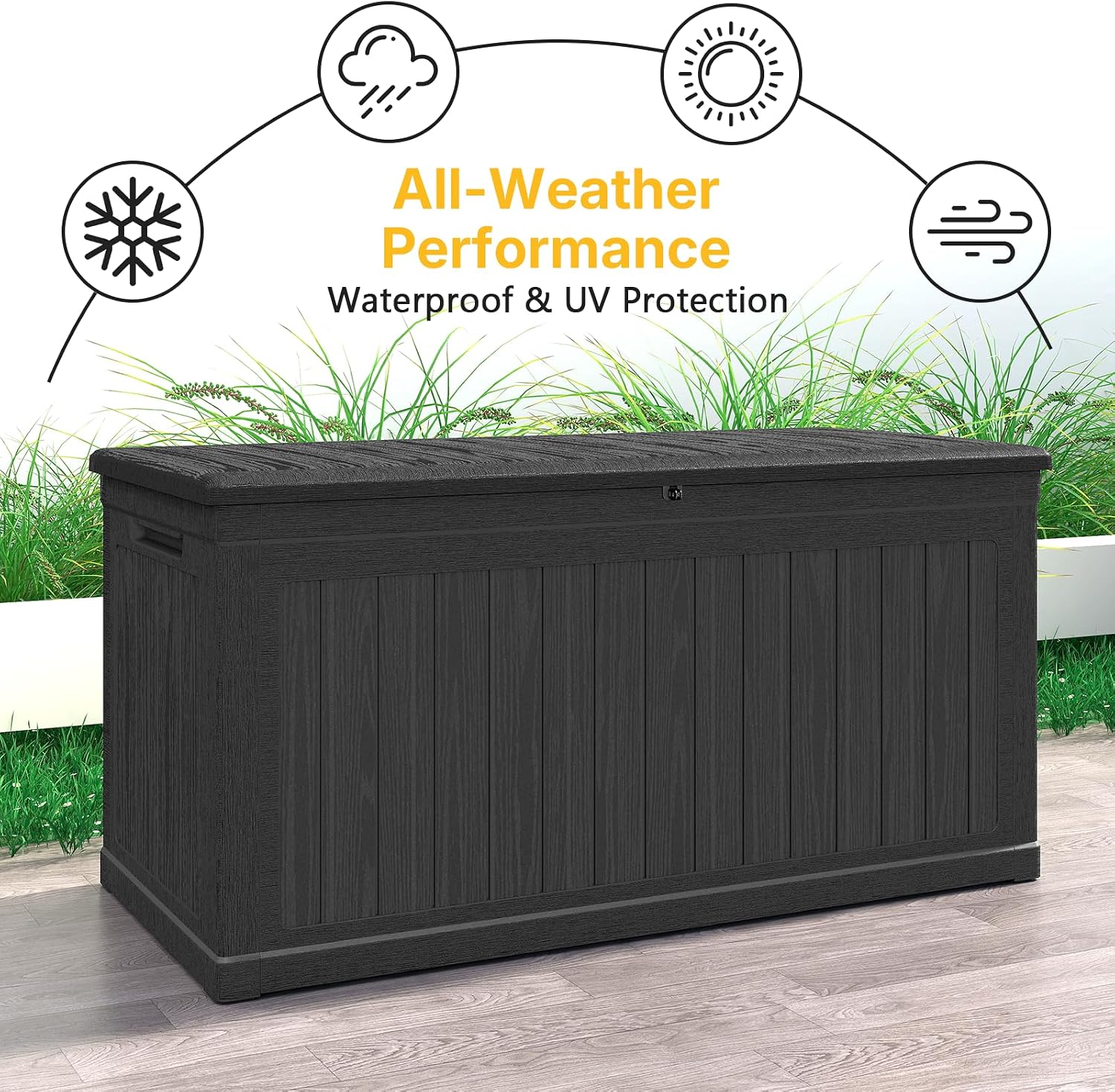 Skepphlay 260 Gallon Deck Box Large Outdoor Storage Box, Waterproof Pool Storage Cushion Boxes Bin, 440 lbs Load Capacity Black Outdoor Storage Bench for Garden, Patio