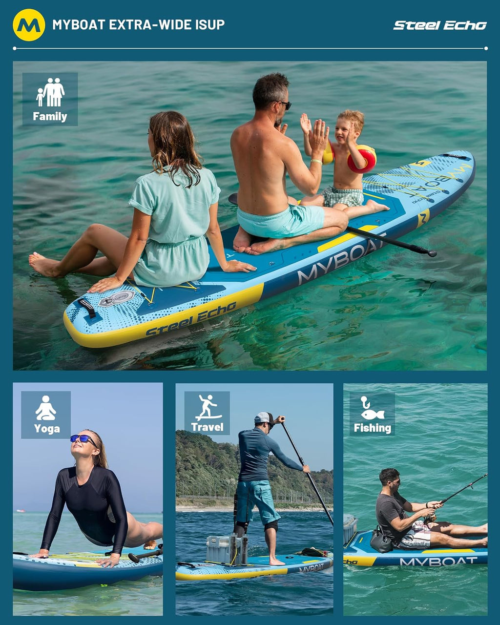 MYBOAT 11'6' Extra Wide Inflatable Paddle Board, 450LB Max Capacity Stable SUP for 2-3 People, Non-Slip Stand Up Board for Beginners & Fishing, Versatile 15 D-Rings, Dual Bungee, 3-Fin Stability
