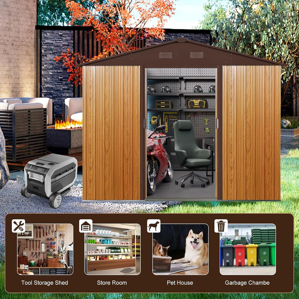 8 x 6 FT Outdoor Storage Shed, Metal Garden Shed with Floor Frame, Tool Shed Outdoor Storage with Lockable Sliding Doors & Air Vents, Storage House Waterproof for Backyard, Lawn, Coffee