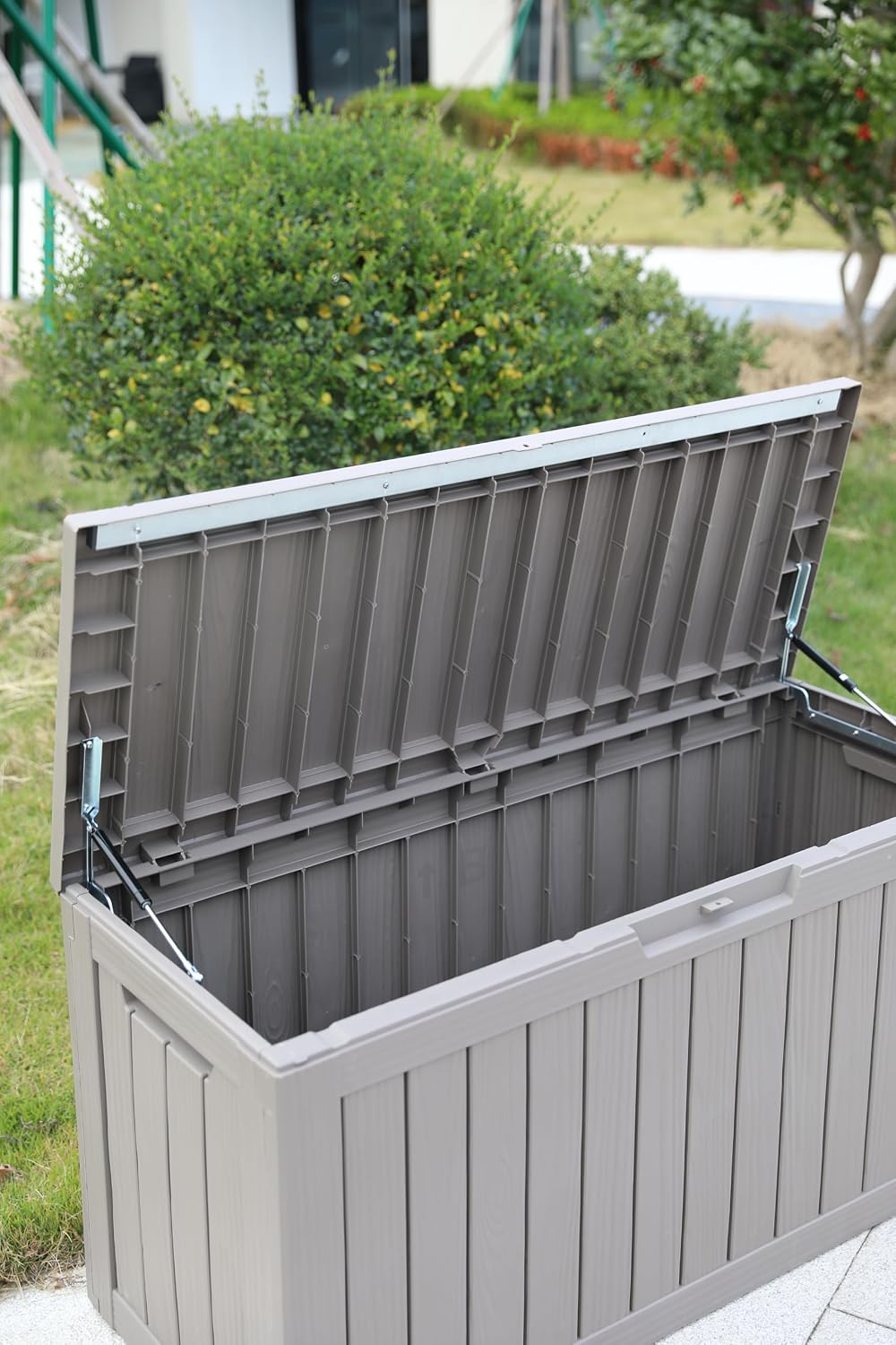 BTEXPERT 80 Gallon Deck Box Outdoor Storage Container with Metal Support Rods for Patio Furniture Garden Tools Cushions Waterproof Lockable UV Resistant Set of 2
