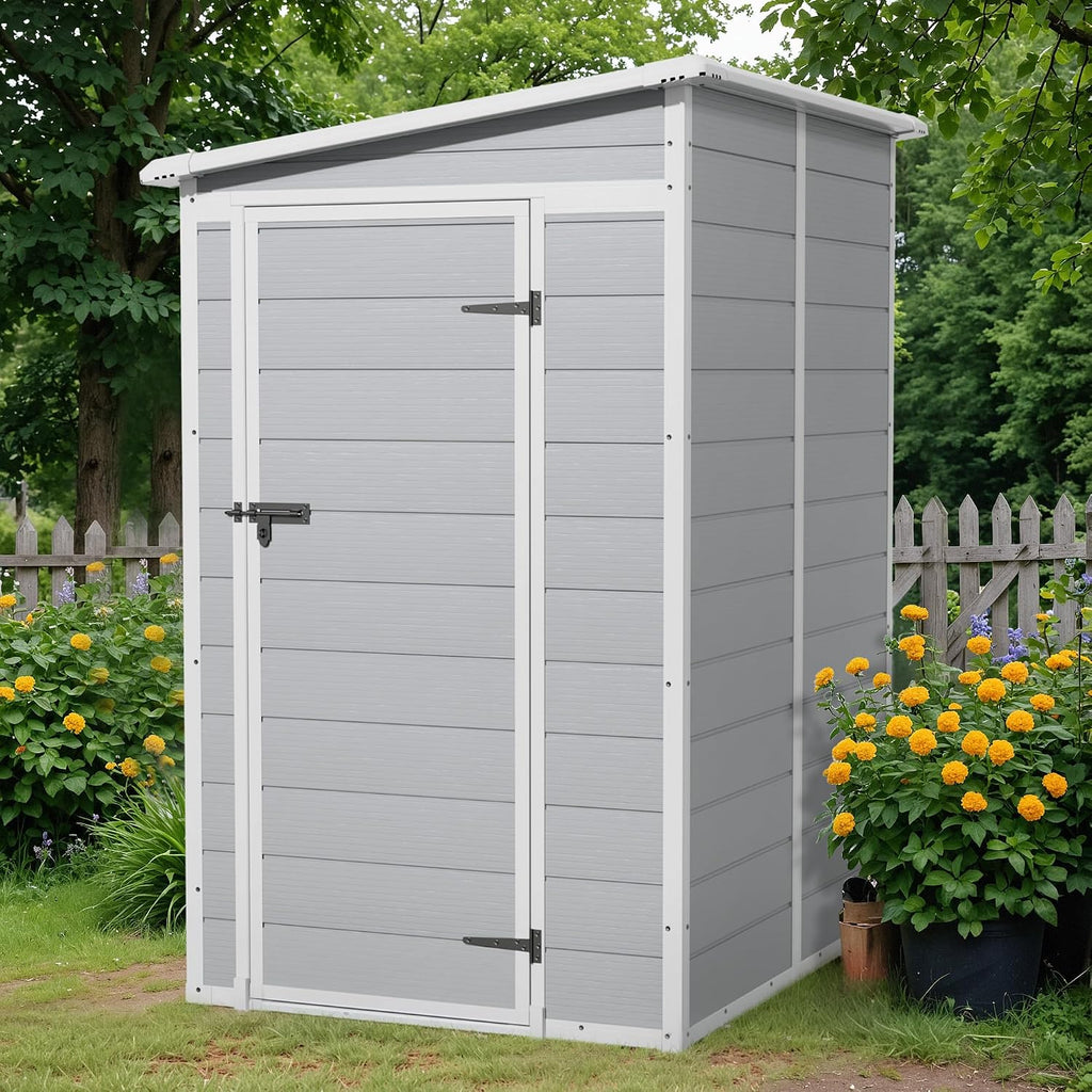 Flamaker 5 x 4 FT Outdoor Storage Shed, Garden Resin Shed with Floor & Windows, Plastic Tool Shed with Lockable Door for Backyard Patio Lawn Pool, Light Gray