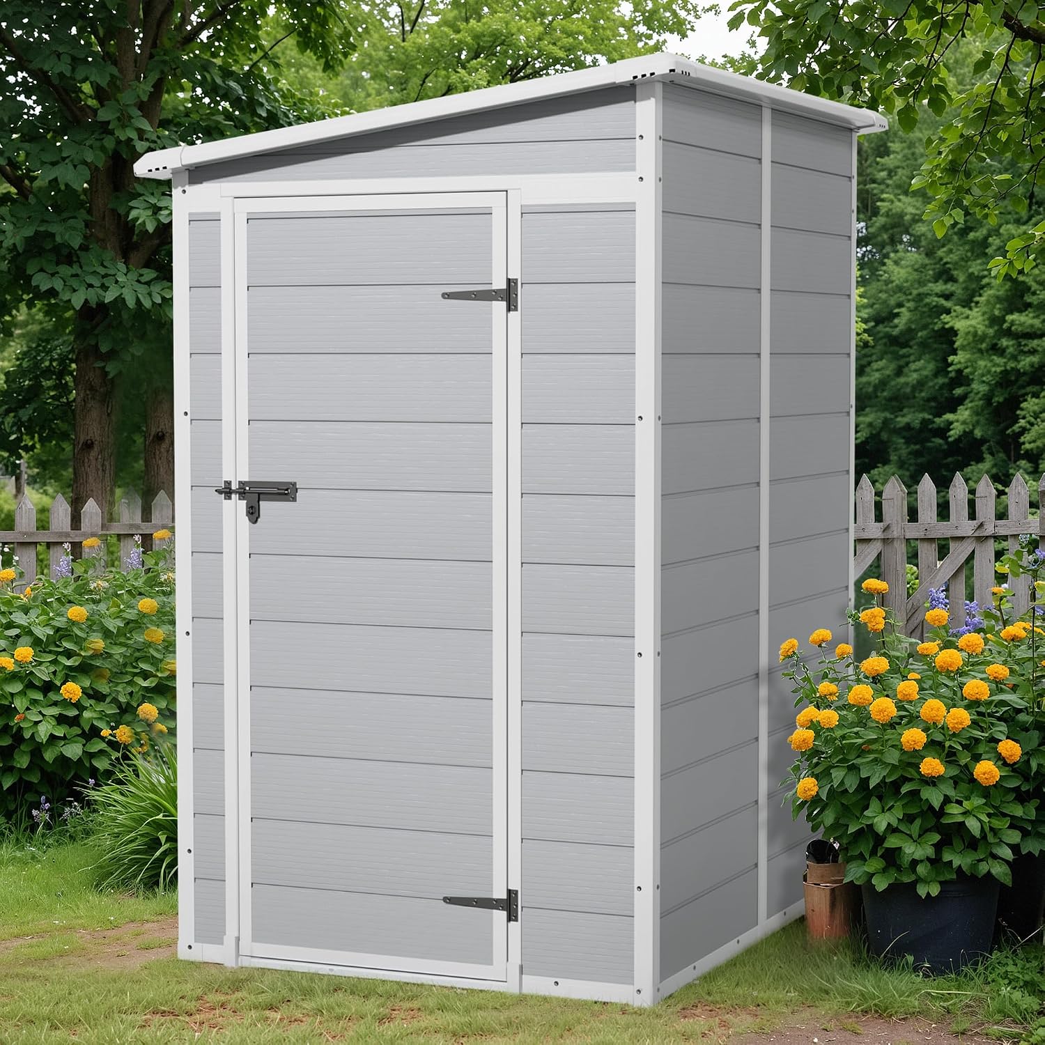 Flamaker 5 x 4 FT Outdoor Storage Shed, Garden Resin Shed with Floor & Windows, Plastic Tool Shed with Lockable Door for Backyard Patio Lawn Pool, Light Gray