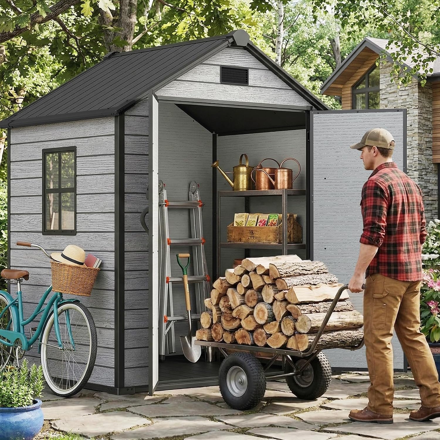 EHHLY Outdoor Storage Shed 6x4.4 FT, Resin Shed with Floor, Window & Vents, Waterproof Plastic Shed with Lockable Door for Backyard, Patio, Lawn, Gray