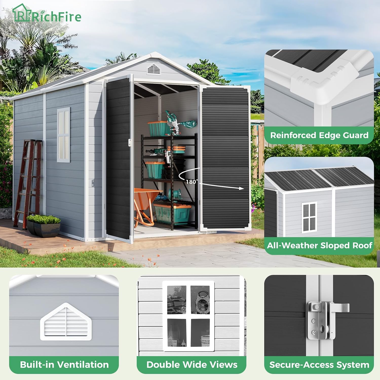 6x8 FT Plastic Resin Shed with Floor, All-Weather Storage Sheds Outdoor with Floor and Window Easy to Install, Large Plastic Sheds & Outdoor Storage for Garden Backyard Patio, Dove Grey
