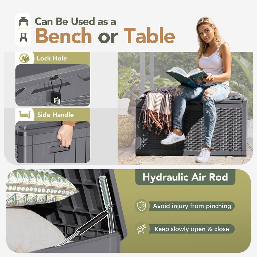 Flamaker Deck Box with Cushion 98 Gallon Waterproof Resin Storage Box with Air Rod Indoor Outdoor Lockable Storage Bench for Patio Furniture, Tools, Pool Accessories (Gray)
