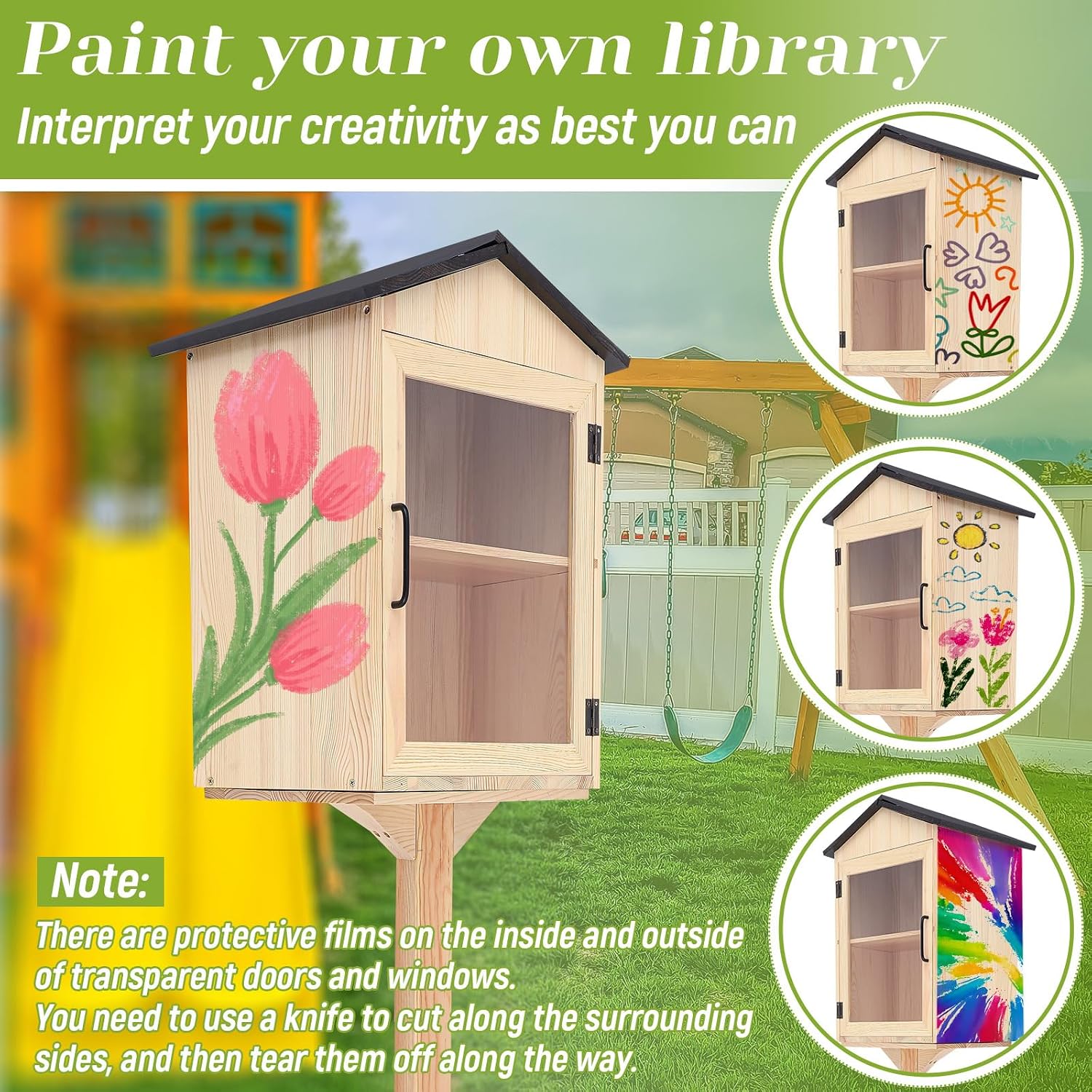 Wonderjune Little Library Box Outdoor, Durable Weatherproof Solid Wood Book Exchange Box with Floor Plugs and Small Flower Fence for Community, Literature, School Sharing Book(Natural Wood,Steepletop)