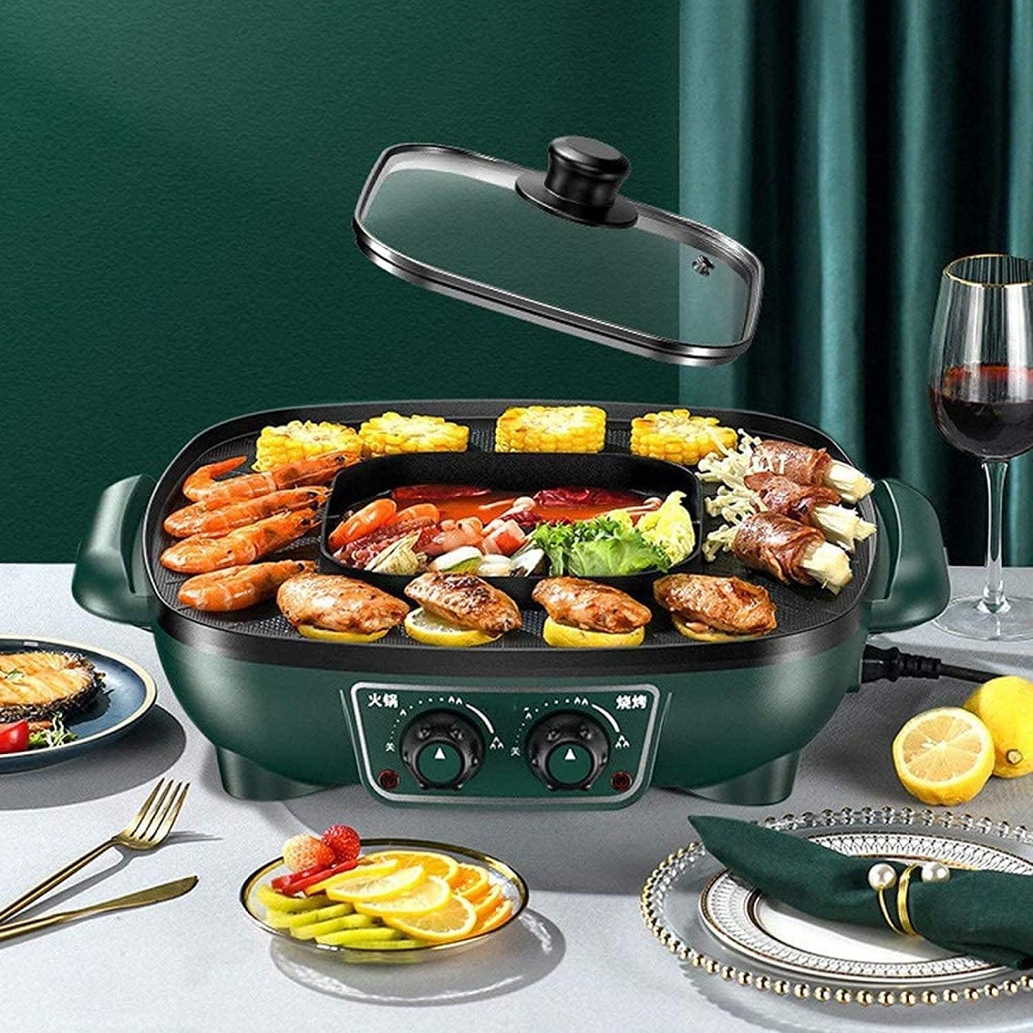 Electric BBQ Grill Indoor Hot Pot Grilling Integrated Pot Independent Temperature Control Fast Heating Electric Pot Household Smokeless Non-stick Electric Oven