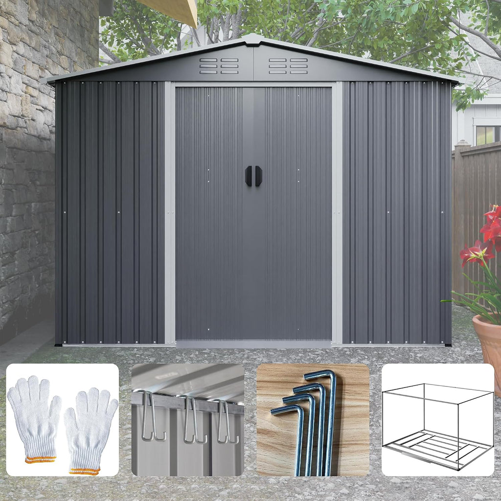8x6 FT Outdoor Metal Storage Shed with Lockable Door & Floor Frame, Heavy-Duty Garden Tool Shed, Weatherproof Steel Utility Shed for Backyard, Patio, or Lawn Organization