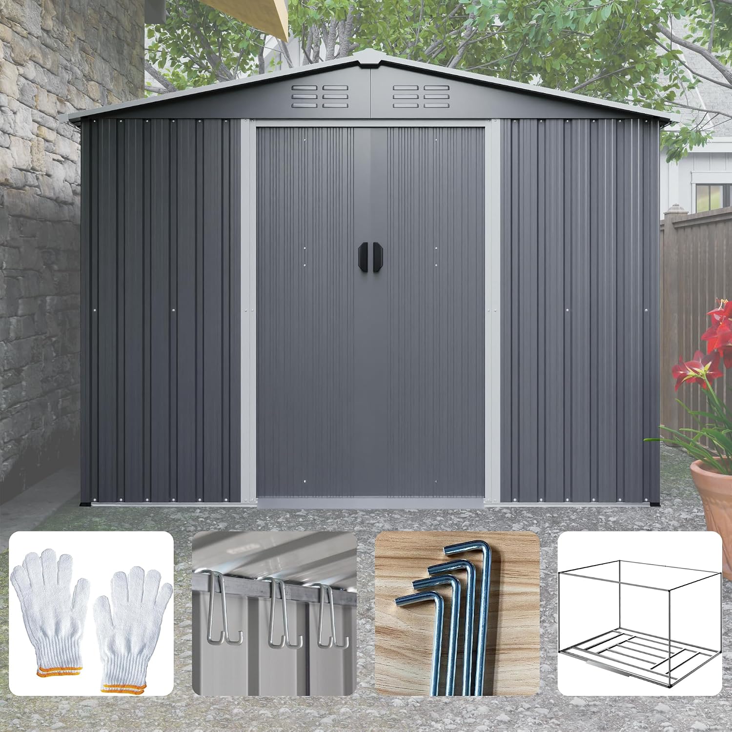 8x6 FT Outdoor Metal Storage Shed with Lockable Door & Floor Frame, Heavy-Duty Garden Tool Shed, Weatherproof Steel Utility Shed for Backyard, Patio, or Lawn Organization