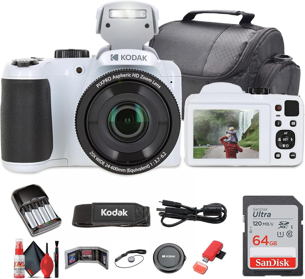 Kodak Pixpro AZ255 Digital Camera (AZ255WH) Bundle Including: 64 GB Memory Card, Rechargeable Batteries, Case, Neck Strap, Lens Caps, Full Cleaning Kit, Card Reader, Card Wallet, USB Cable, Cap Keeper