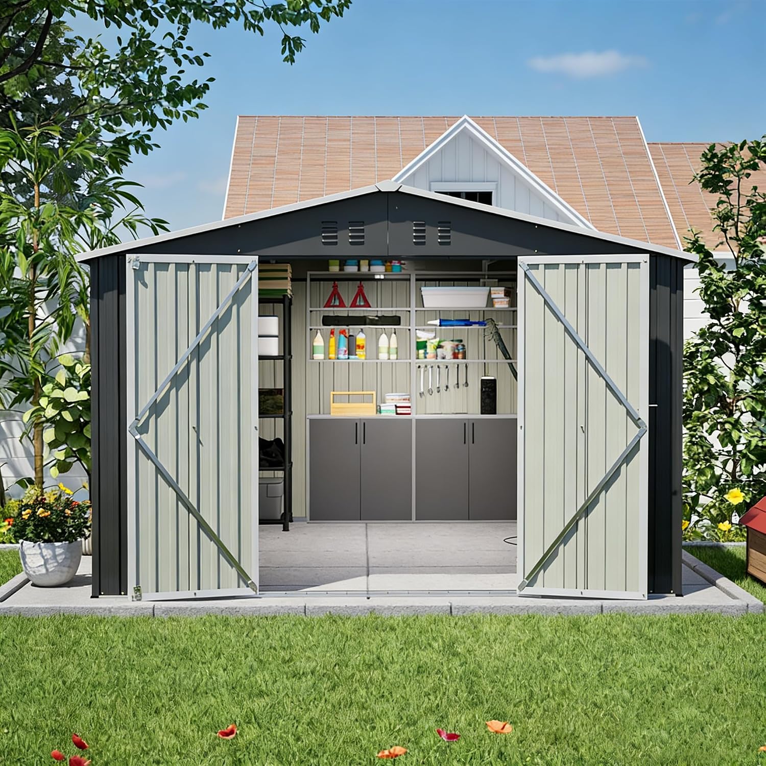 YOPTO 10x10 FT Outdoor Storage Shed,Large Metal Tool Sheds with Updated Frame Structure and Lockable Doors, Garden Shed for Backyard Patio Lawn, Black