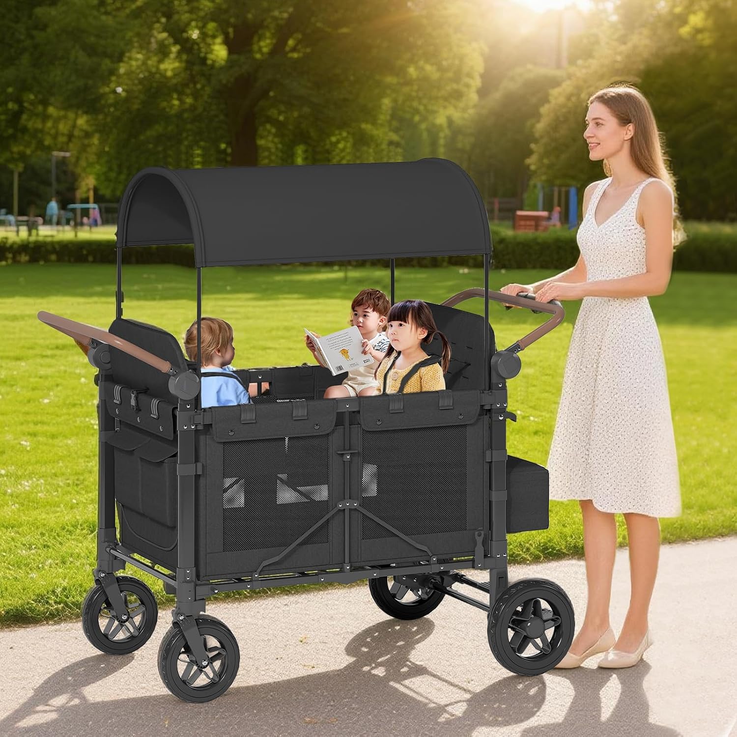 4 Seater Wagon Stroller,Foldable Stroller with Safety Belt, Puncture-Proof Tires, All-Terrain Wagon with 360° Swivel Lockable Wheels, Large Storage Bag, Canopy,51.18 * 31.5 * 43.31 in.