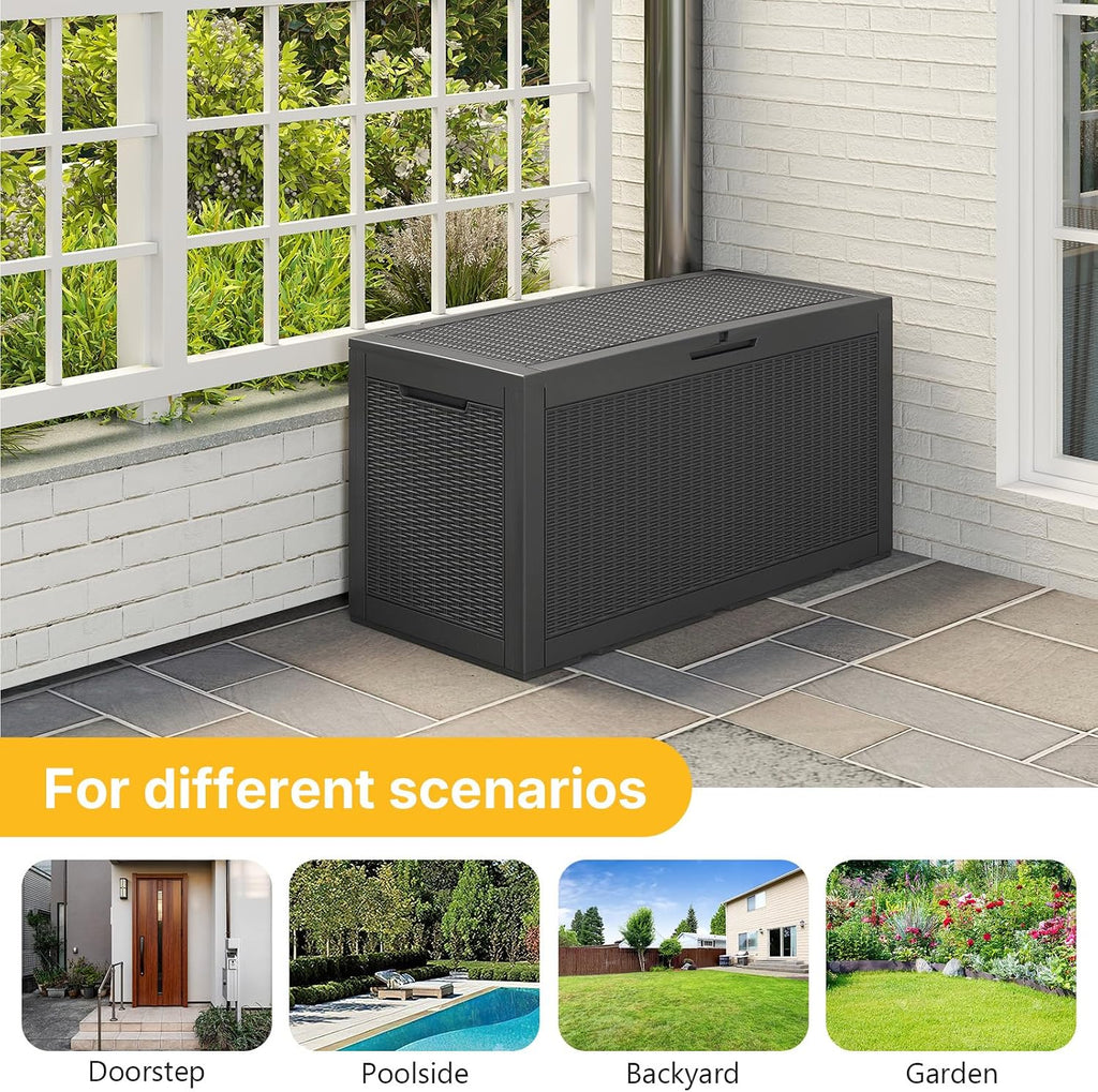 Skepphlay 100 Gallon Deck Box Outdoor Waterproof, Rattan Outdoor Storage Box, Patio Storage Boxes for Cushions, Pillow, Garden Tools, Equipment