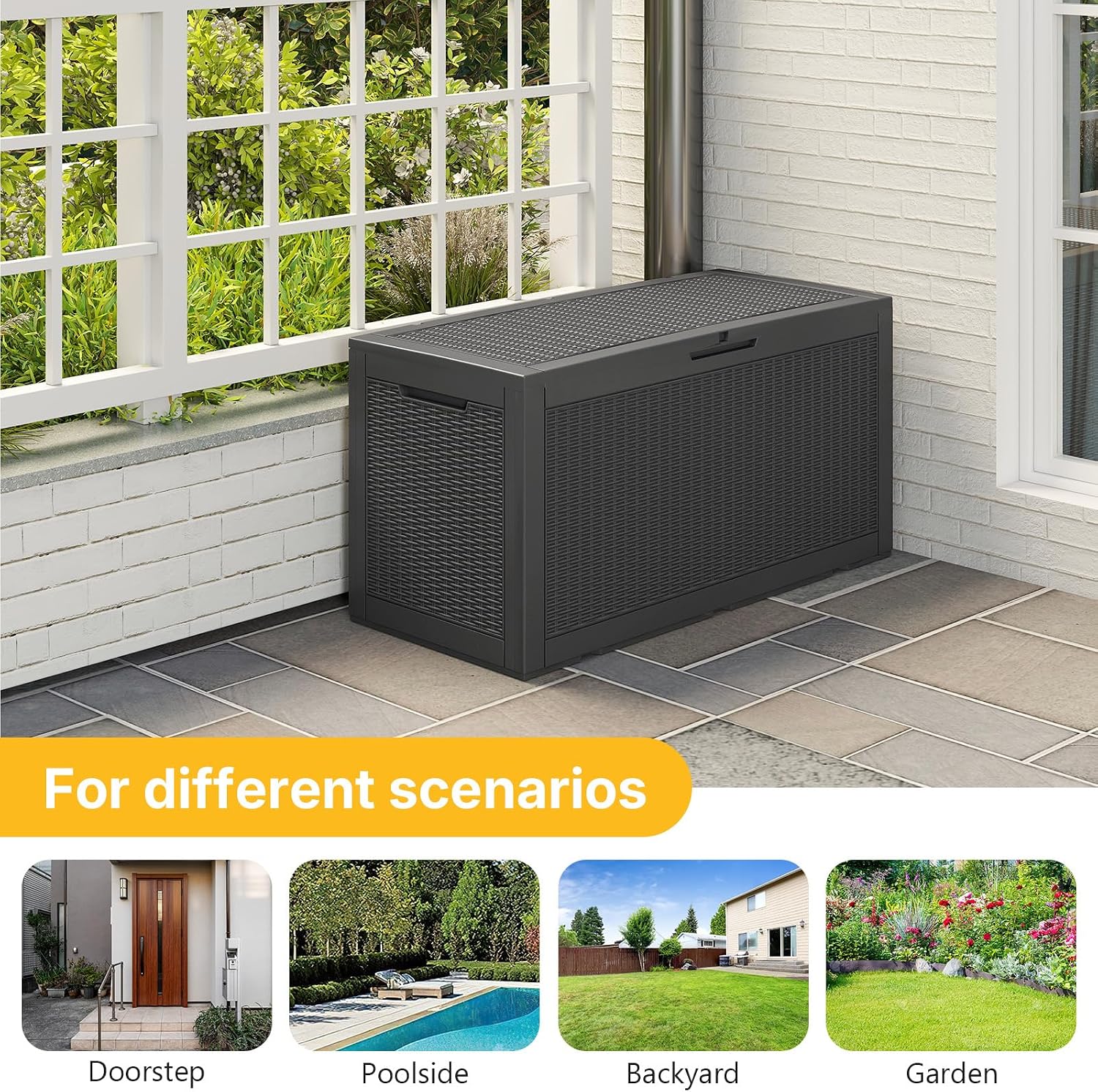 Skepphlay 100 Gallon Deck Box Outdoor Waterproof, Rattan Outdoor Storage Box, Patio Storage Boxes for Cushions, Pillow, Garden Tools, Equipment