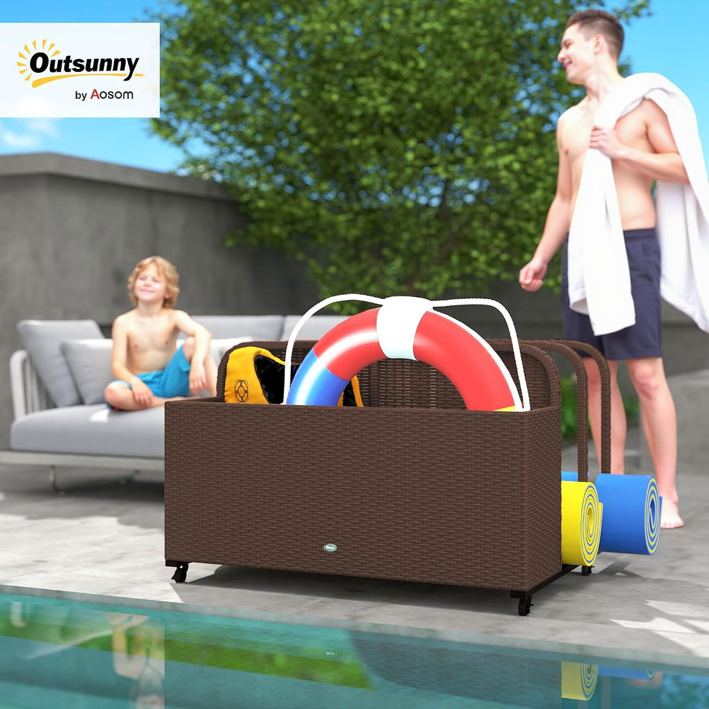 Outsunny Wicker Patio Pool Float Storage Basket, PE Rattan Outdoor Pool Caddy with Rolling Wheels for Floaties, Noodles, Life Vests, Beach Balls, Garden Furniture, Brown