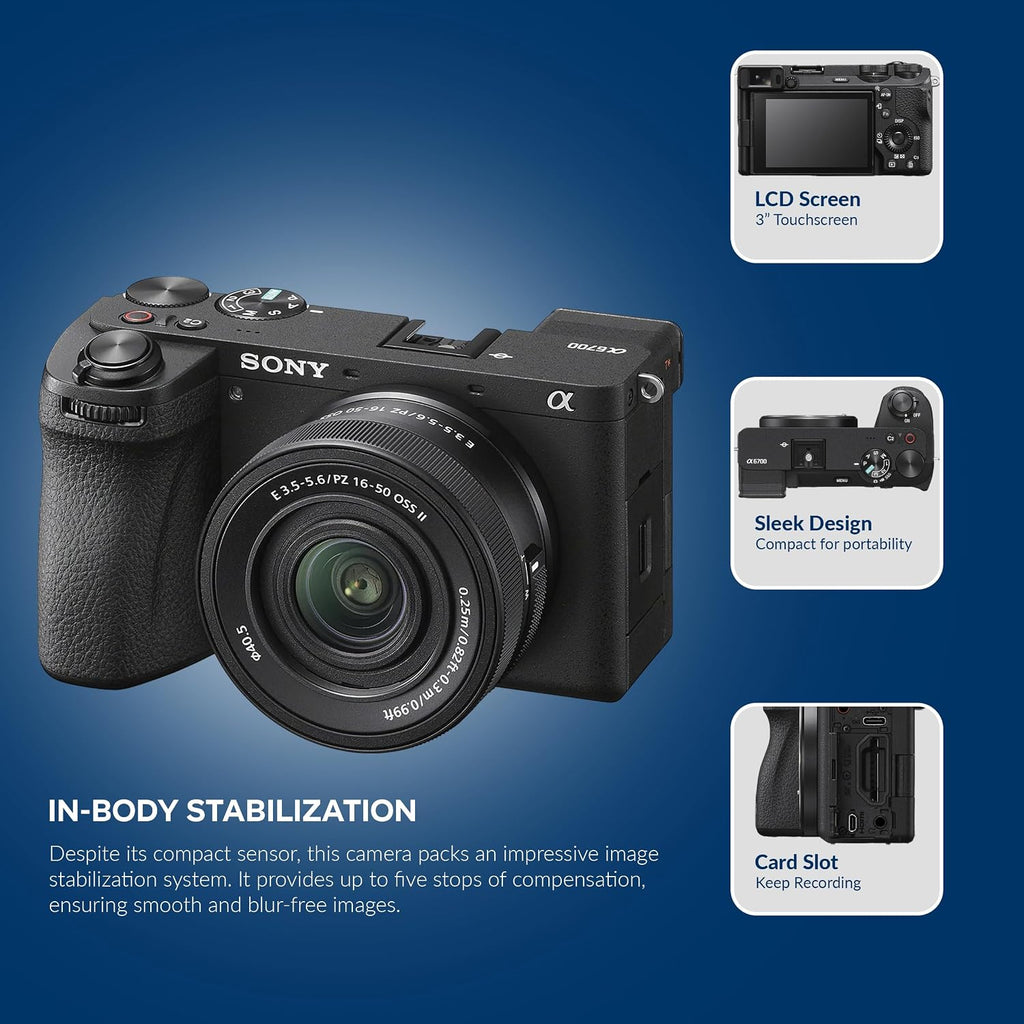 Sony Alpha a6700 APS-C Mirrorless Camera with E PZ 16-50mm f/3.5-5.6 OSS II Lens, Bundle with 128GB SD Card, Extra Battery, Shoulder Bag, Card Reader, Charger, Sony 1 Year Limited Warranty
