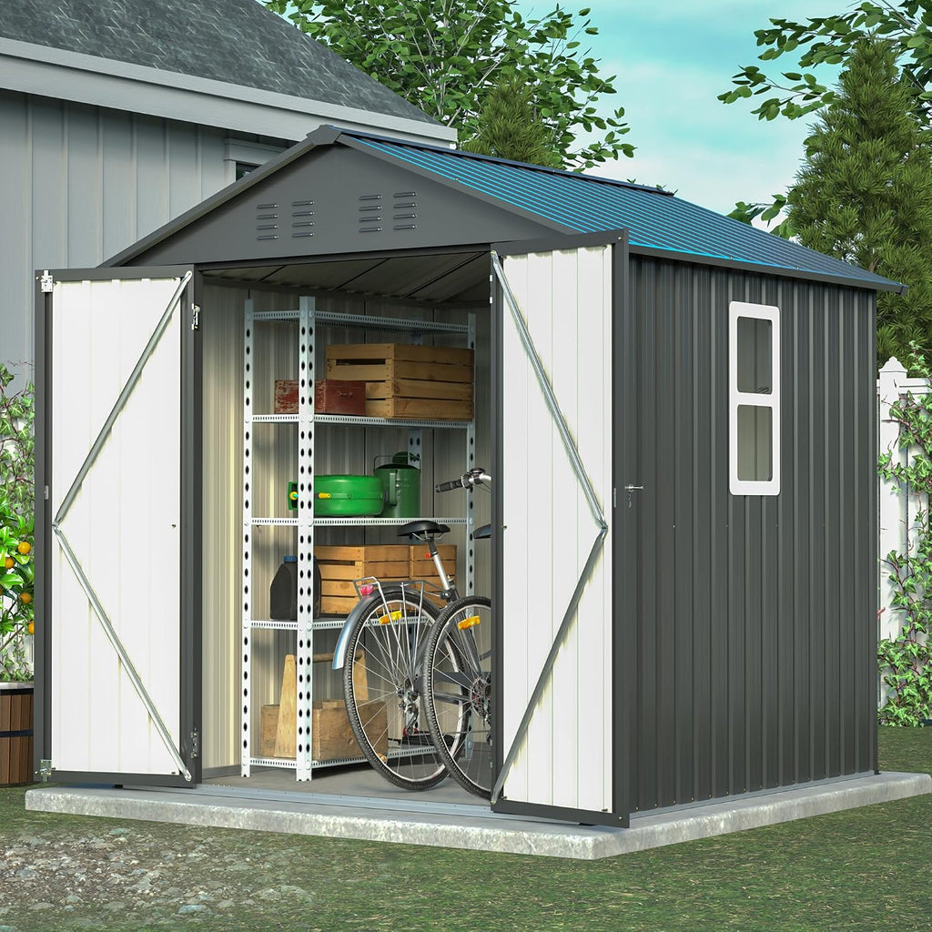 6x6FT Outdoor Storage Shed，Heavy-Duty Metal Storage with Vents and Clear Window