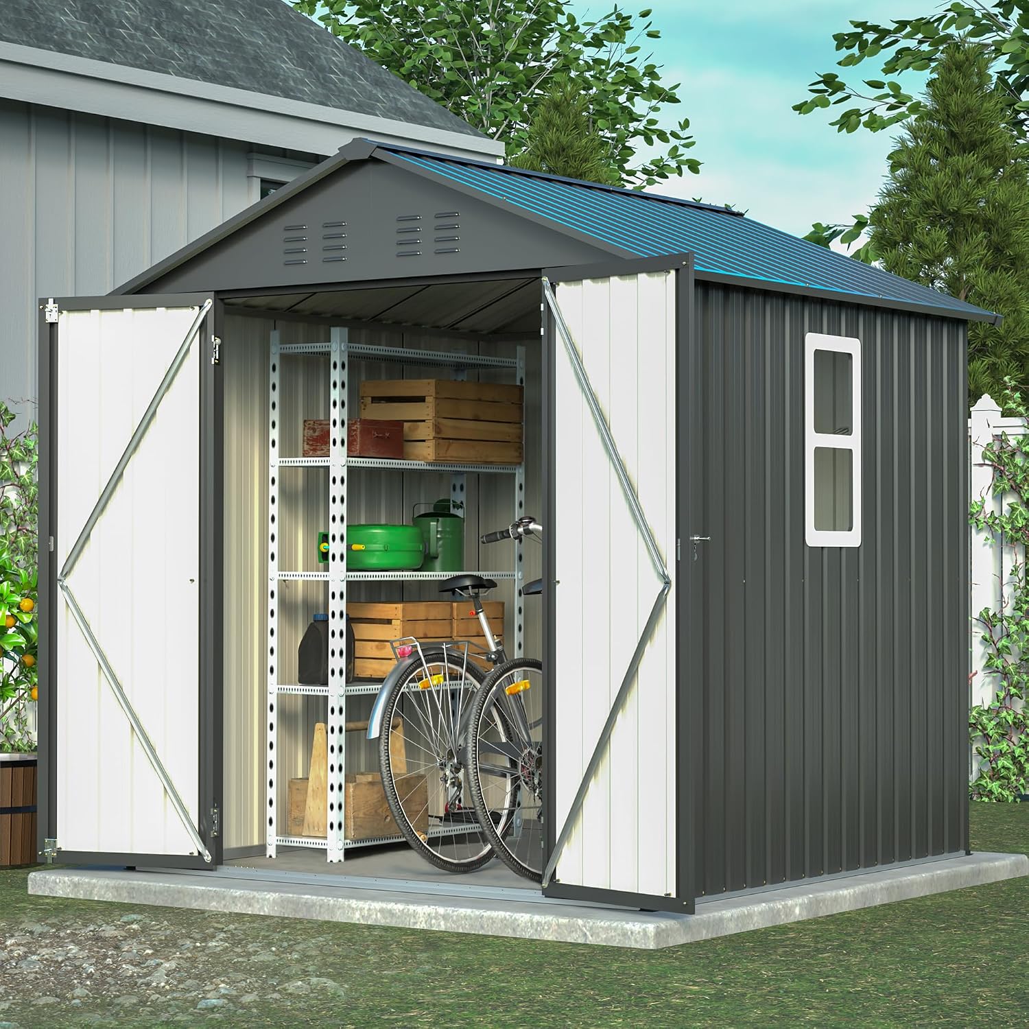 6x6FT Outdoor Storage Shed，Heavy-Duty Metal Storage with Vents and Clear Window