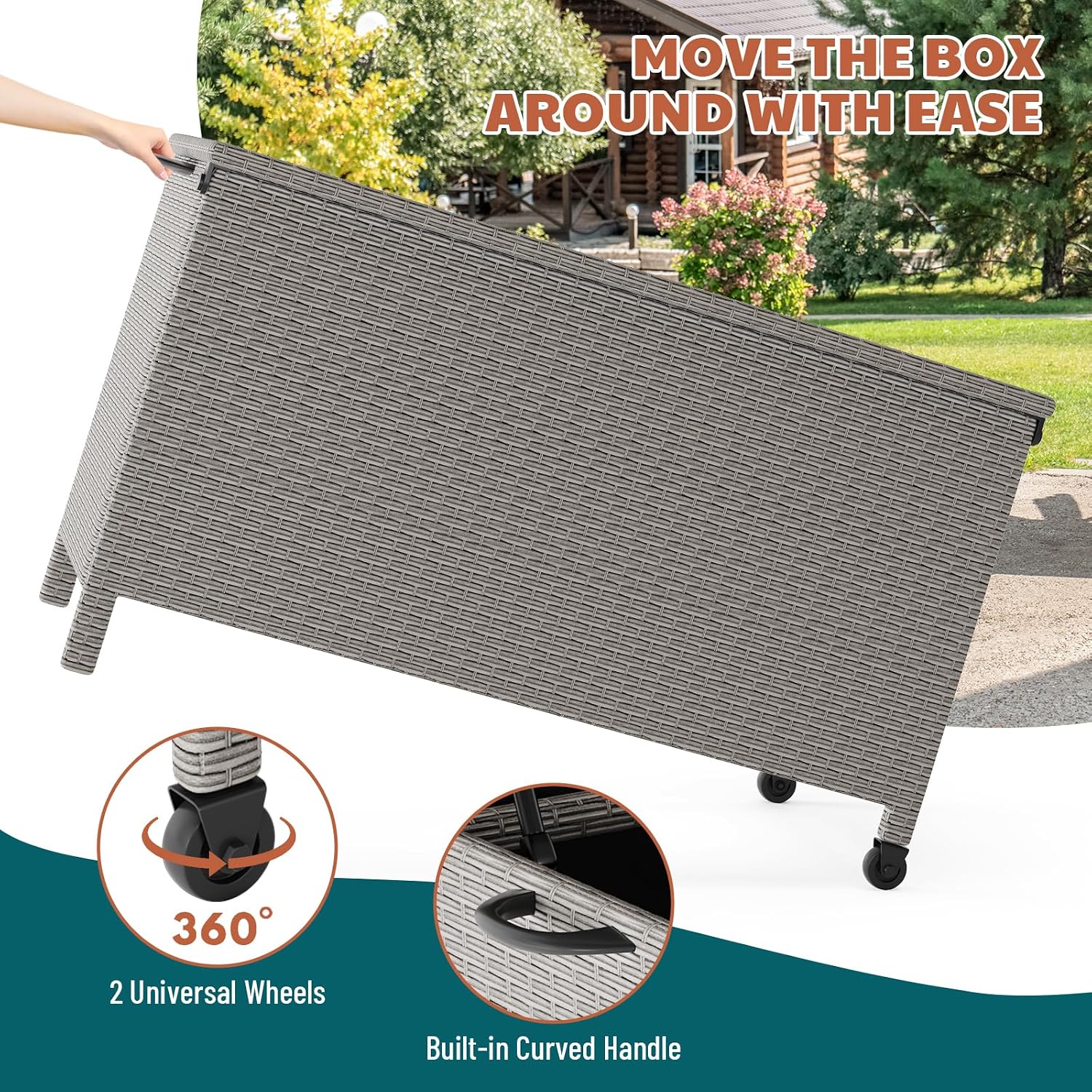 120 Gallon Rattan Deck Box, Outdoor Storage Box With Wheels and Handle, Waterproof Large Storage Bench Organizer for Patio Backyard Cushions, Pool Supplies and Garden Tools, Grey