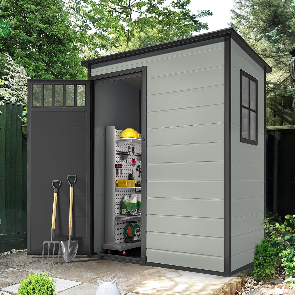 DWVO 5x3FT Outdoor Storage Shed with Fence-Style and Side Windows, Floor, Lockable Doors, Plastic Storage for Backyard and Garden, Blue-Gray