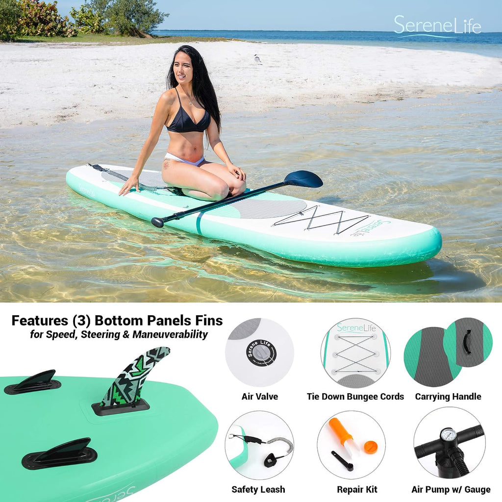 SereneLife Inflatable Stand Up Paddle Board with Premium SUP Accessories – Wide Stable Design with Non-Slip EVA Deck Pad for Adults and Youth of All Skill Levels