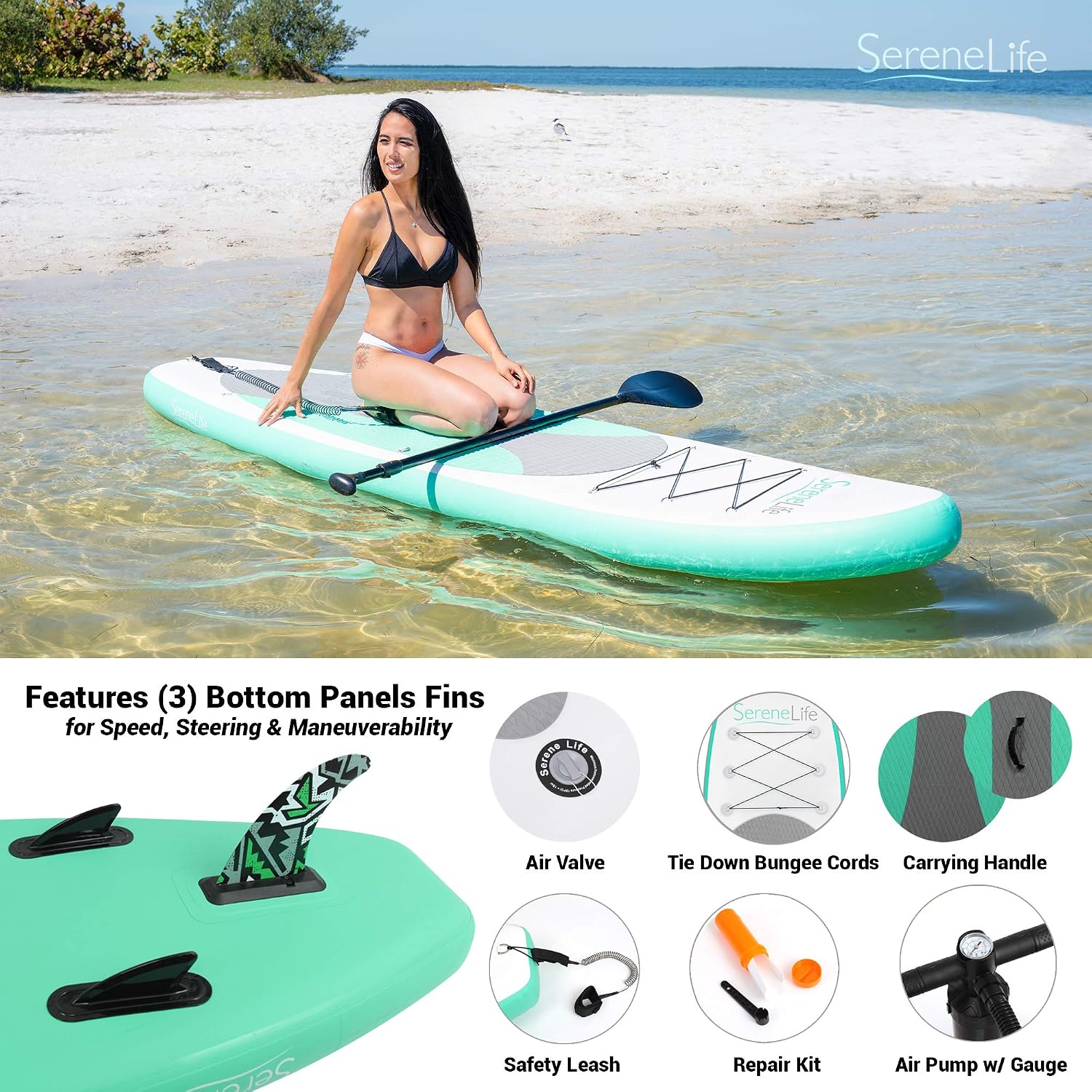 SereneLife Inflatable Stand Up Paddle Board - Wide Stable Design, Non-Slip Deck for Adults & Youth with Premium Paddle Board Accessories: Carry Bag, Dual Action Pump, Paddle, Ankle Leash - 10'