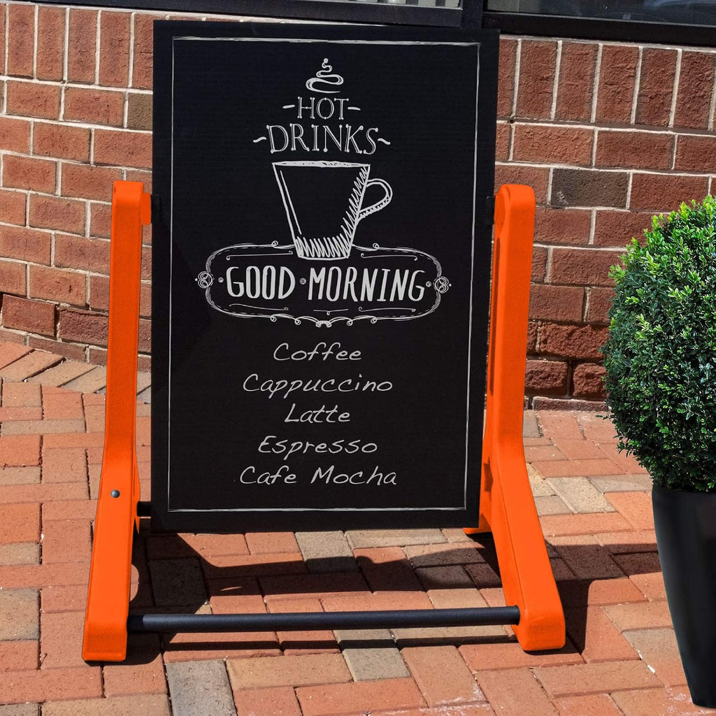 EXCELLO GLOBAL PRODUCTS Swinging Changeable Message Sidewalk Sign: 24' x 36' Sign with 792 Pre-Cut Double Sided Letters and Storage Box. Includes Black Board & Letter Board (Orange Color Legs)