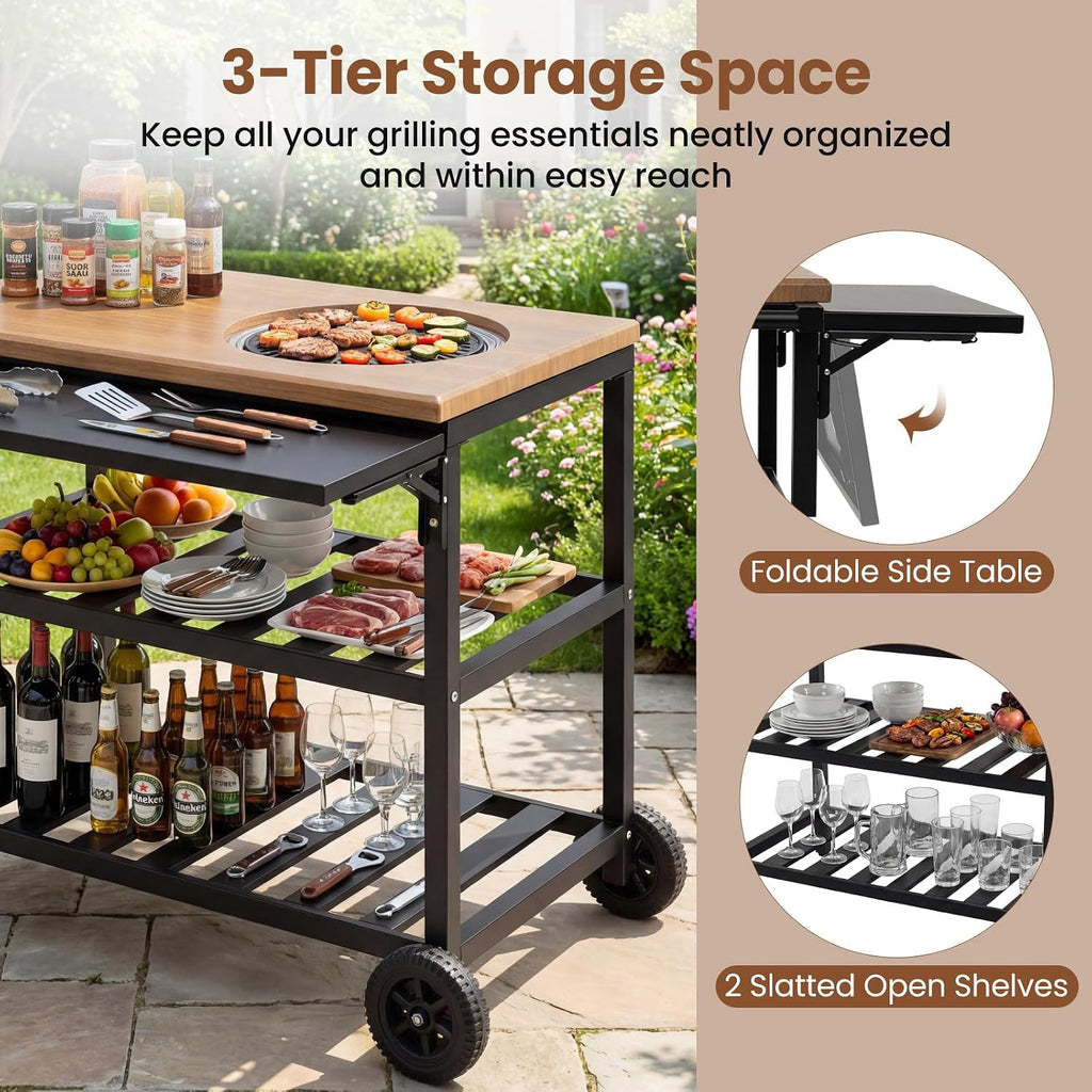HAPPYGRILL Outdoor Grill Cart, Movable Food Prep Table with Korean BBQ Charcoal Grill, Foldable Side Panel, 2 Storage Shelves, Outside Pizza Oven Table for Patio Backyard Cooking BBQ