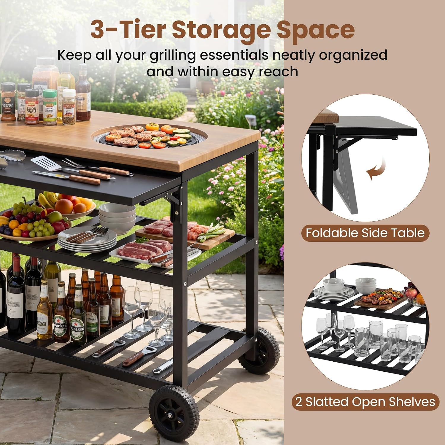 HAPPYGRILL Outdoor Grill Cart, Movable Food Prep Table with Korean BBQ Charcoal Grill, Foldable Side Panel, 2 Storage Shelves, Outside Pizza Oven Table for Patio Backyard Cooking BBQ