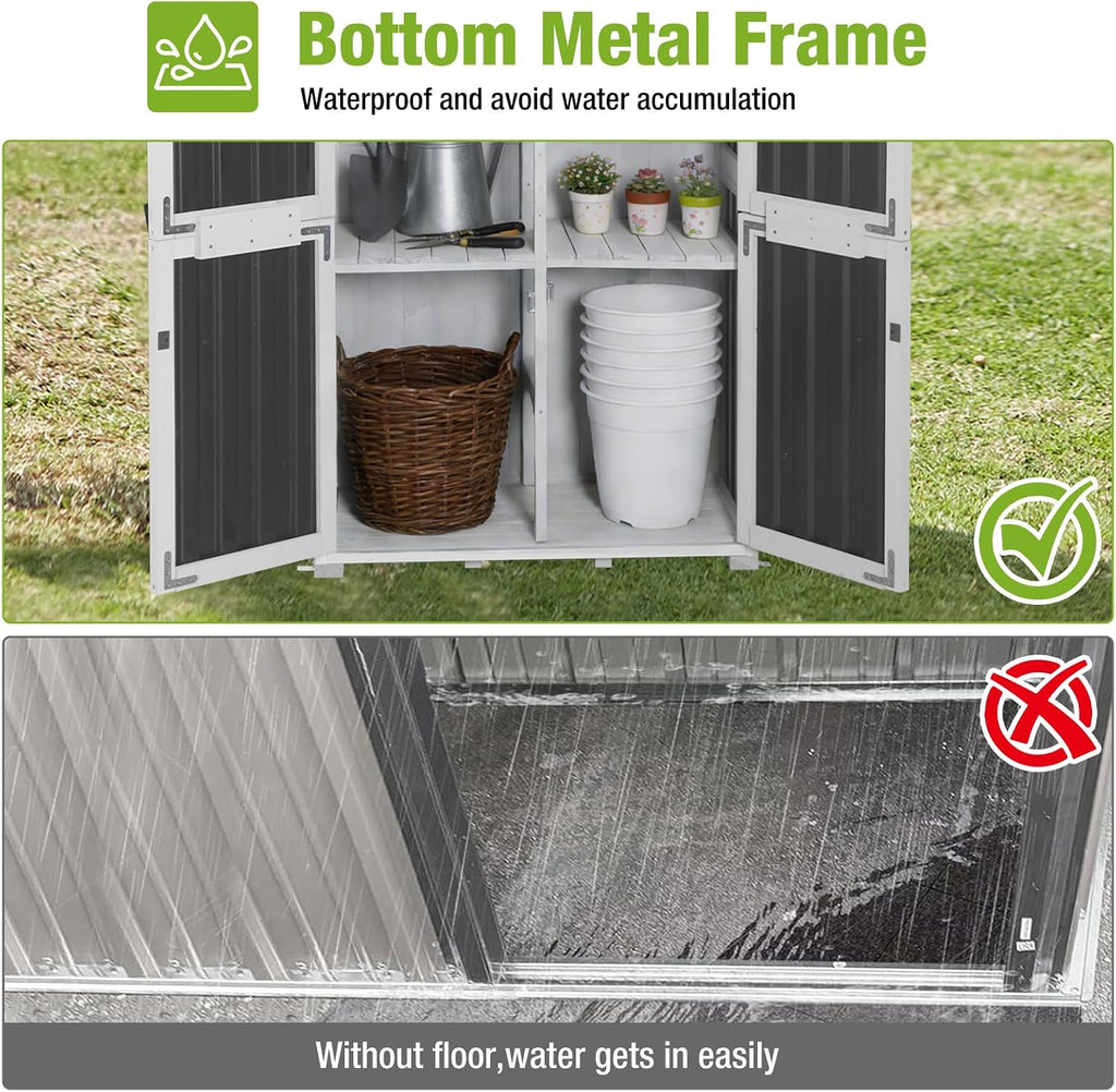 Outdoor Storage Shed with Metal and Wood Frame, Weatherproof Resin Panel and Roof Garden Sheds Garden Sheds with Adjustable Shelves, Tool House with Elevated Floor for Backyard Garden(Black)