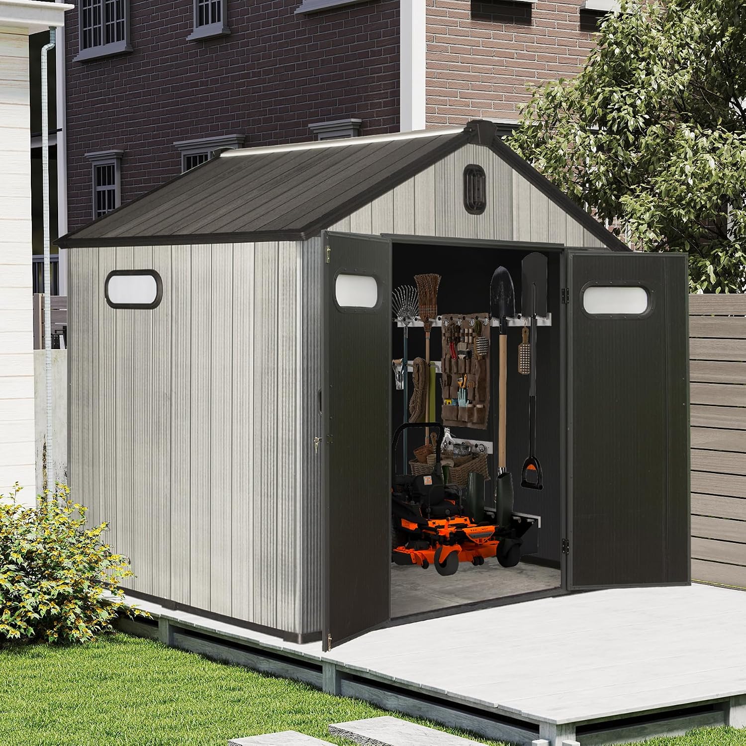 Domi 8x6FT Resin Outdoor Storage Shed with Lockable Door, Waterproof Outside Sheds with Windows & Vents, Heavy-Duty Plastic Tool Storage Shed for Patio Furniture, Lawn Mower, Bike