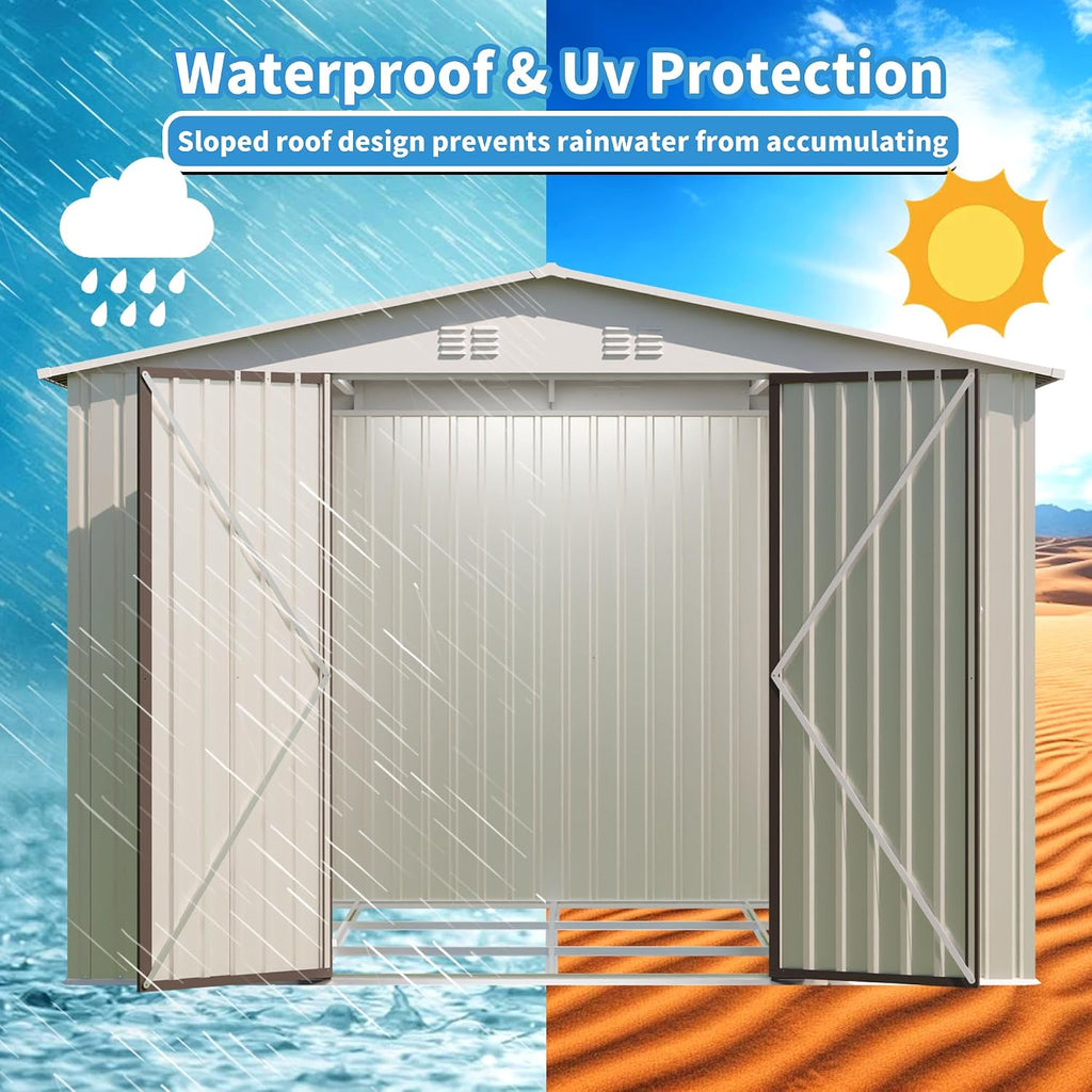 YOPTO 10x8 FT Outdoor Storage Shed with Foundation,Metal Aluminum Tool Sheds,Heavy-Duty Sheds with Sloped Roof, Air Vent and Hinge Doors,Garden Shed Bike Shed for Backyard Patio Lawn,Cream White