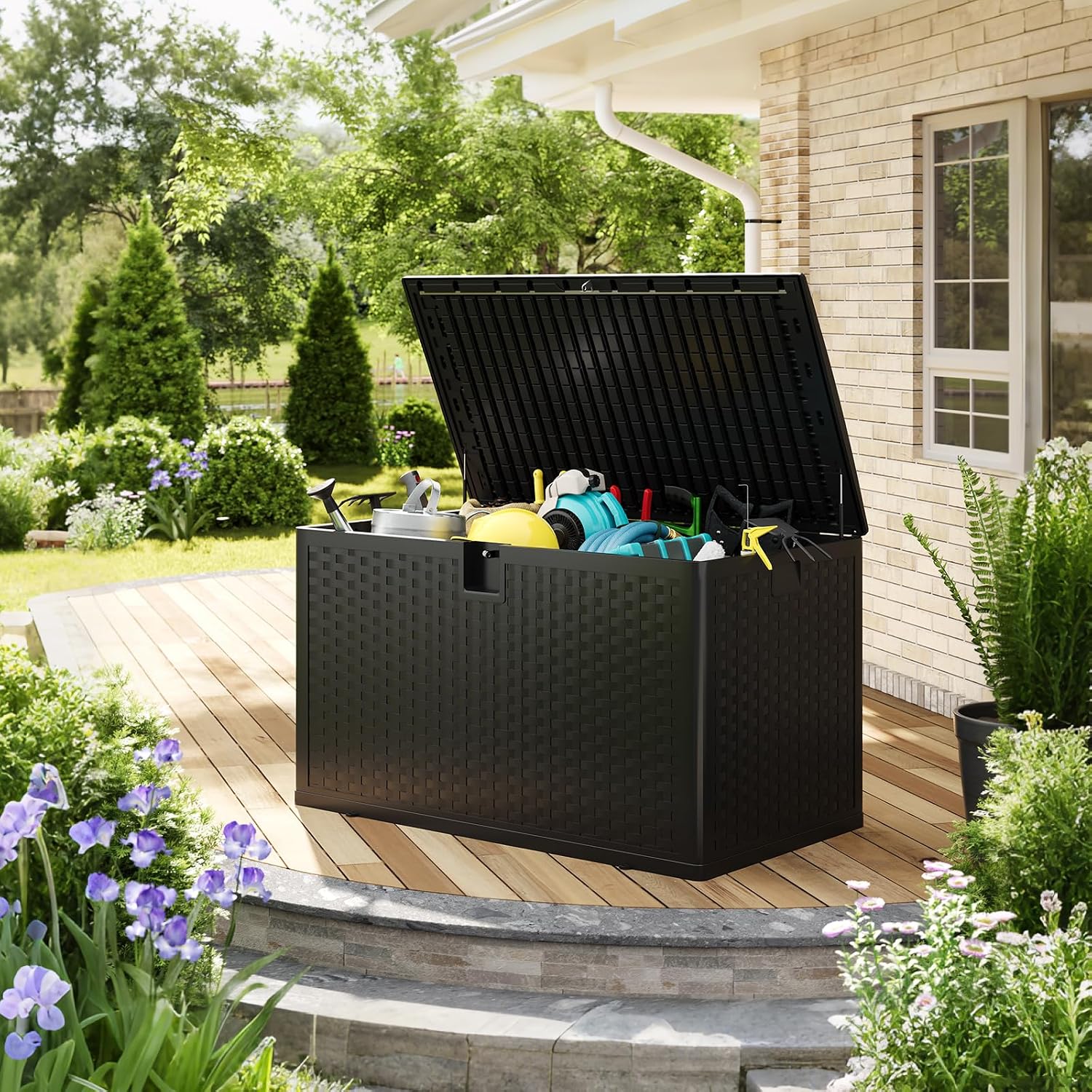 Garvee 120 gallon Waterproof Outdoor Storage Box, Lockable Plastic Deck Box with Lid, Patio Storage Bin for Pool, Garden Tools, Backyard, Porch, All-Weather Protection, Black