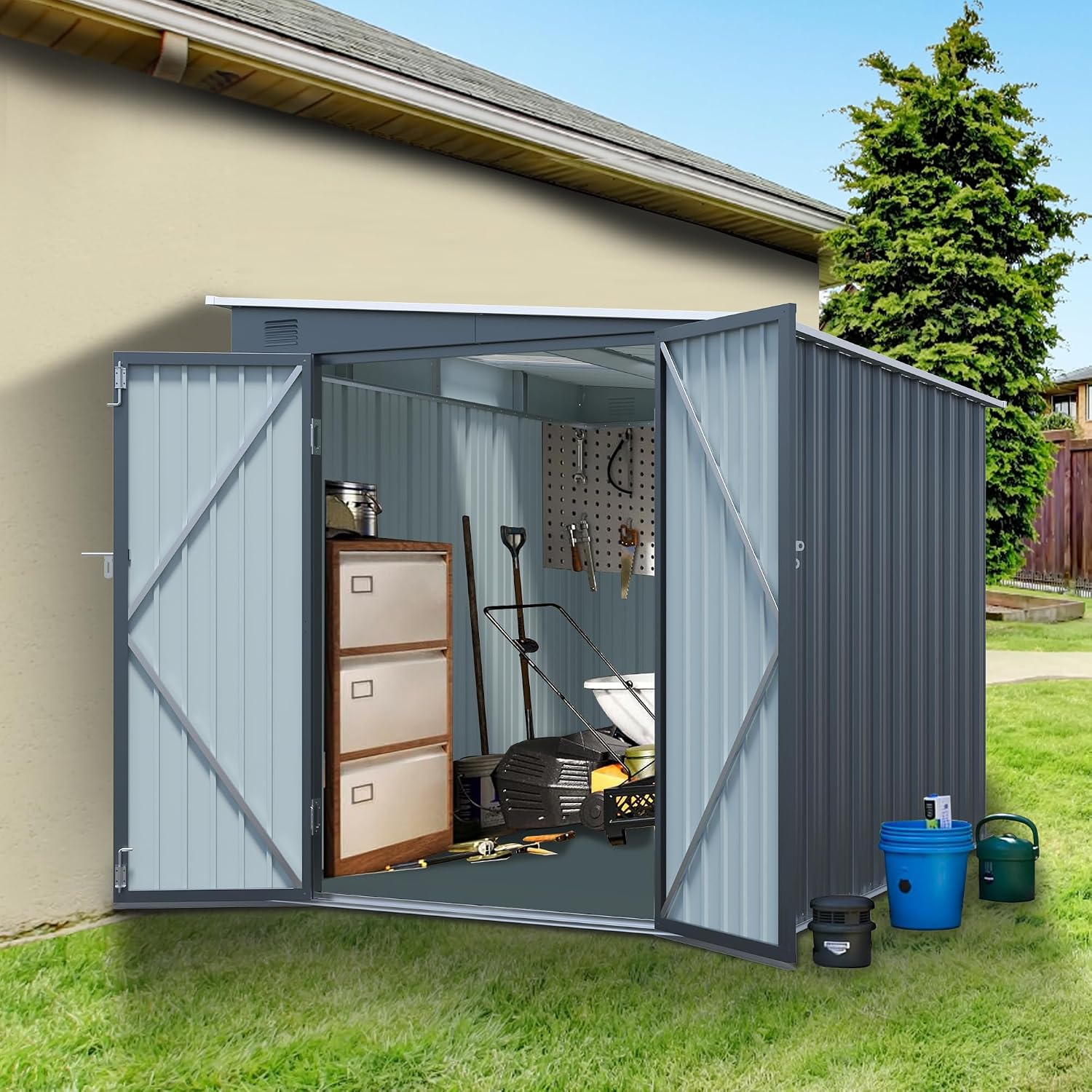 KUIKUI 6x8FT Metal Shed, Outdoor Storage Shed Without Floor, Lean to Shed with Free PC Light Board and Lockable Doors for Garden Tools, Bike