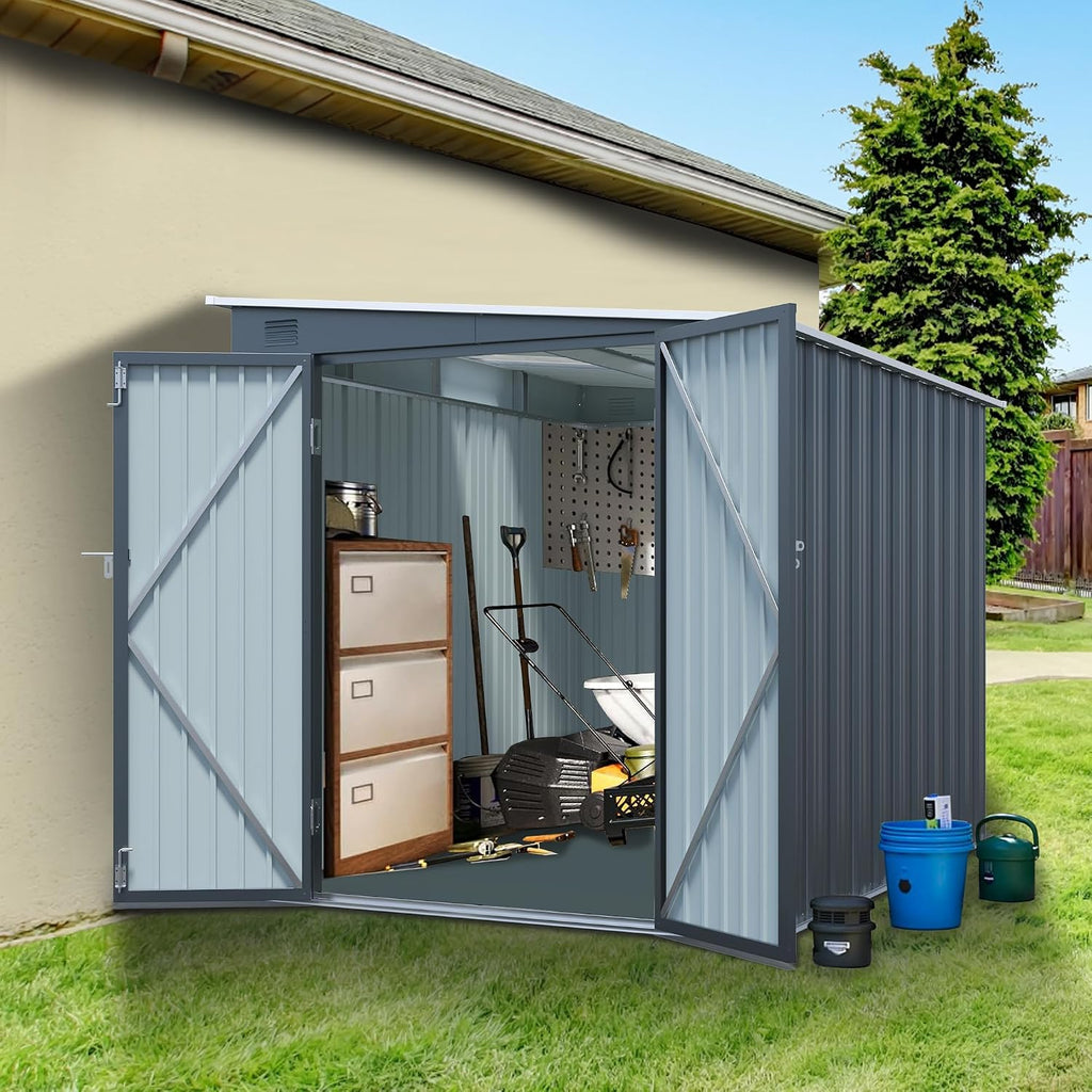 KEIKI 6X8 FT Galvanized Steel Outdoor Storage Shed with Lockable Double Doors, Waterproof Metal Lean to Shed with Free PC Light Board for Tools, Bikes & Patio Essentials, Carbon Black